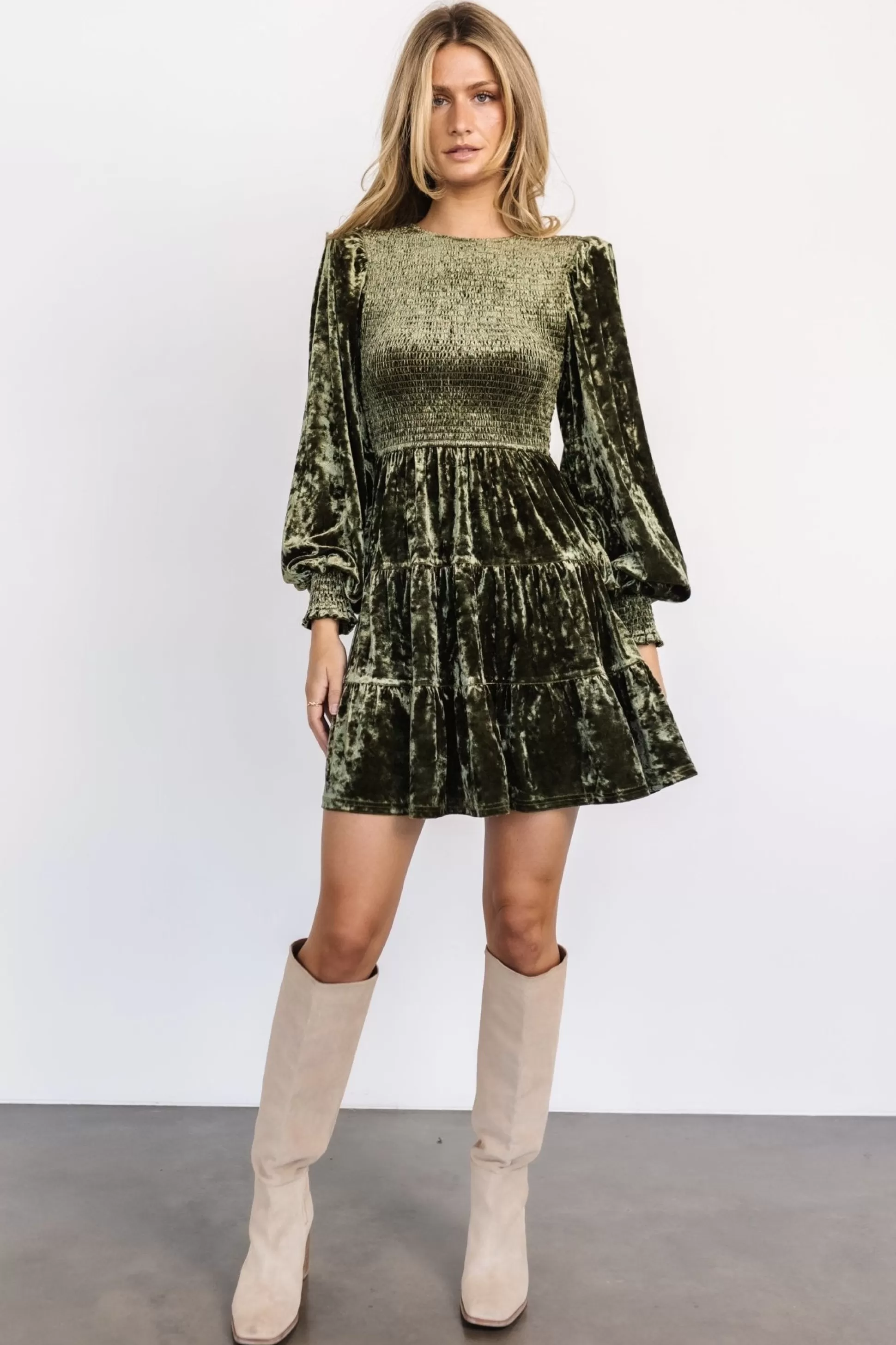 short dresses | WEDDING SUITE | Baltic Born Kele Crushed Velvet Mini Dress | Dark Olive