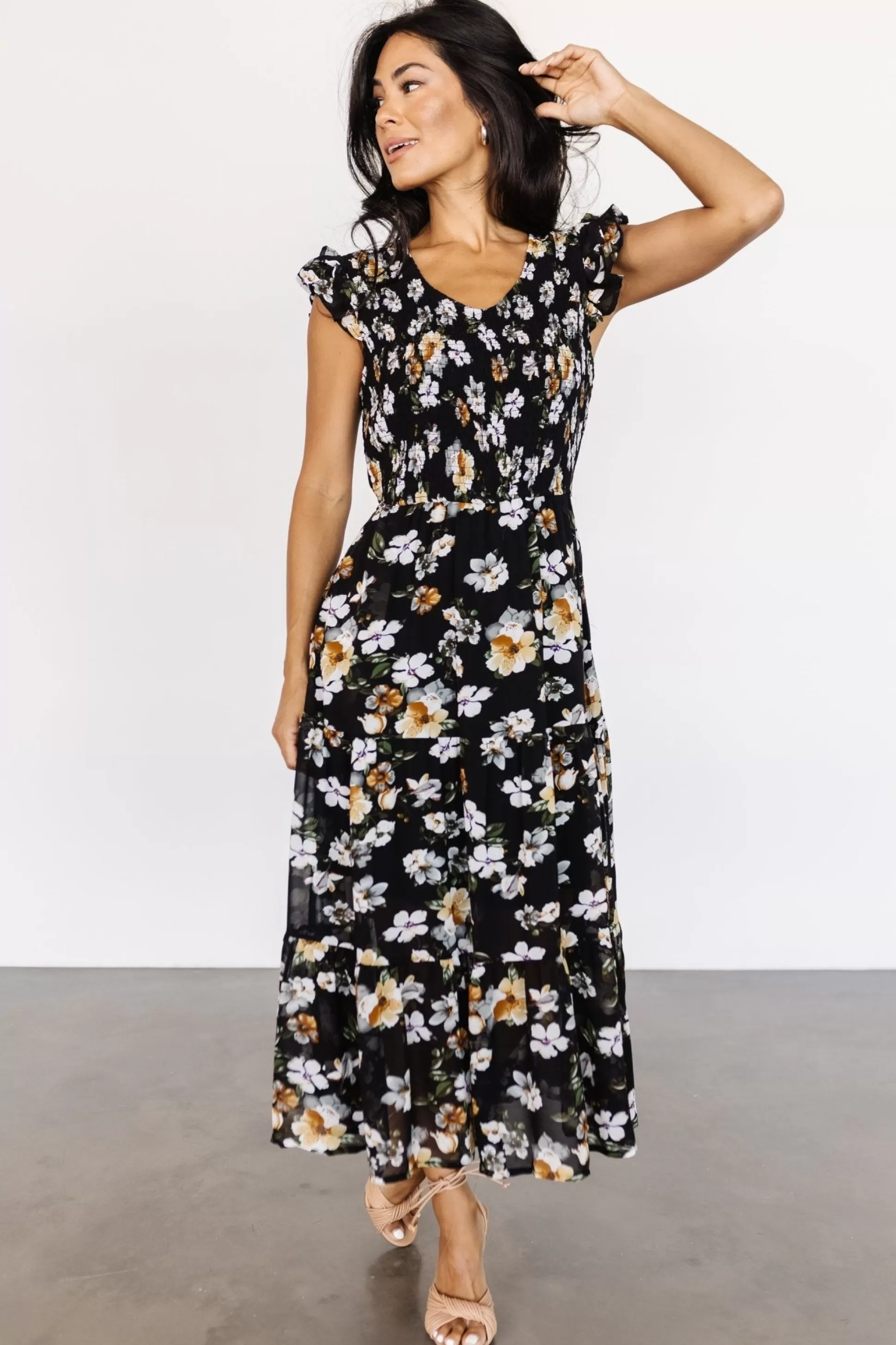 midi dresses | EXTENDED SIZING | Baltic Born Kenna Smocked Midi Dress | Black Floral