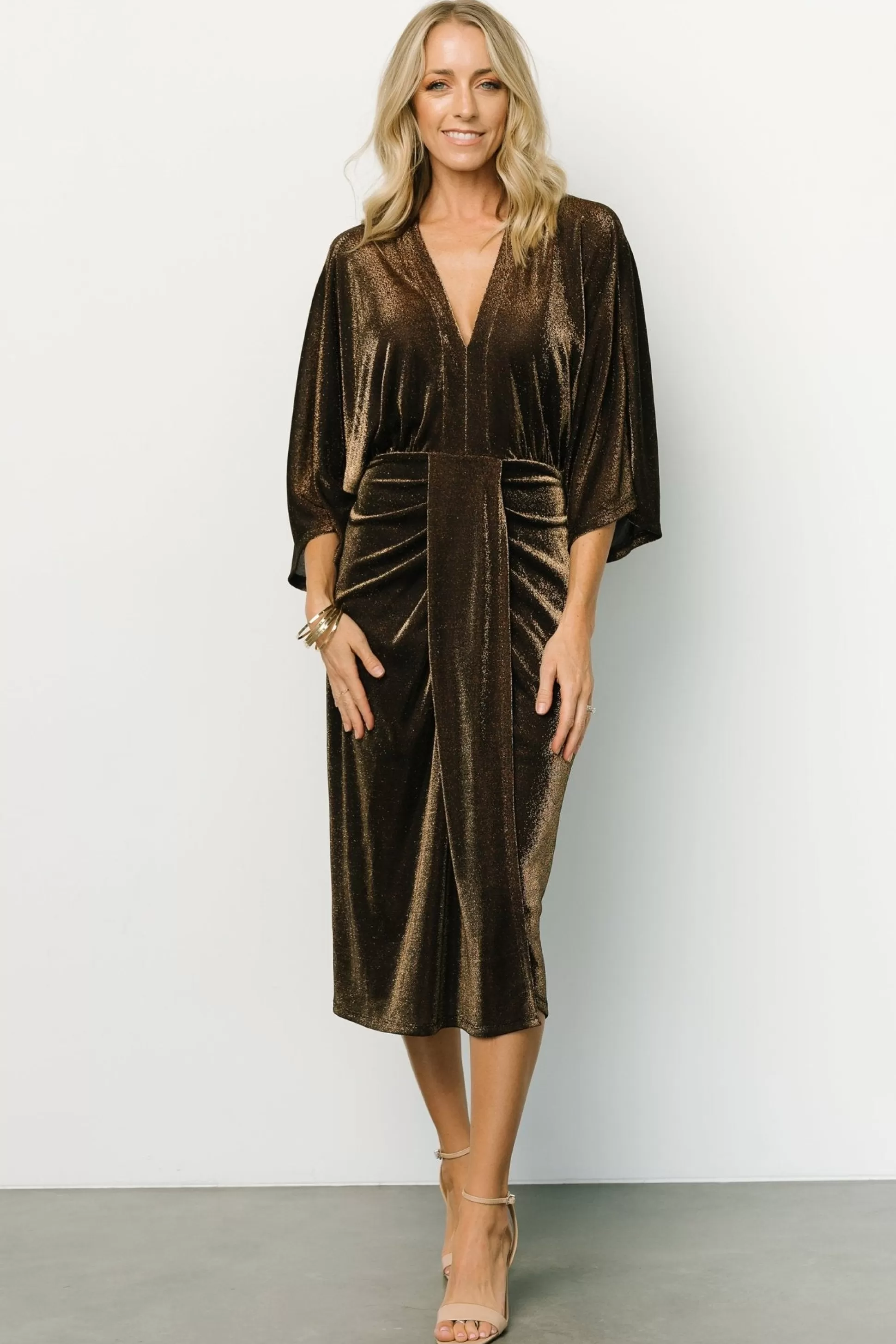 midi dresses | Baltic Born Kleo Ruched Midi Dress | Bronze Shimmer