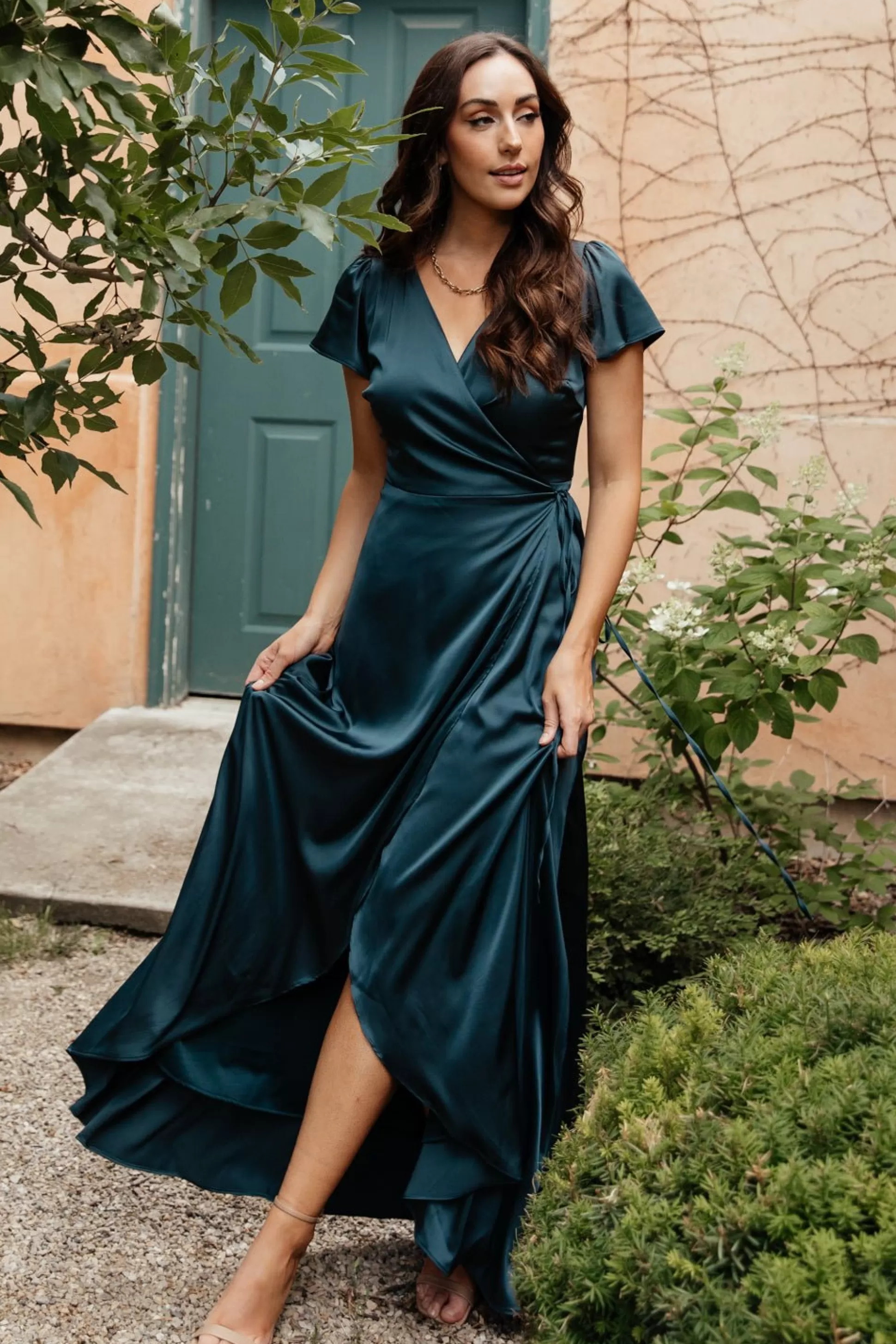 WEDDING SUITE | wedding guest | Baltic Born Krystal Satin Wrap Gown | Deep Blue