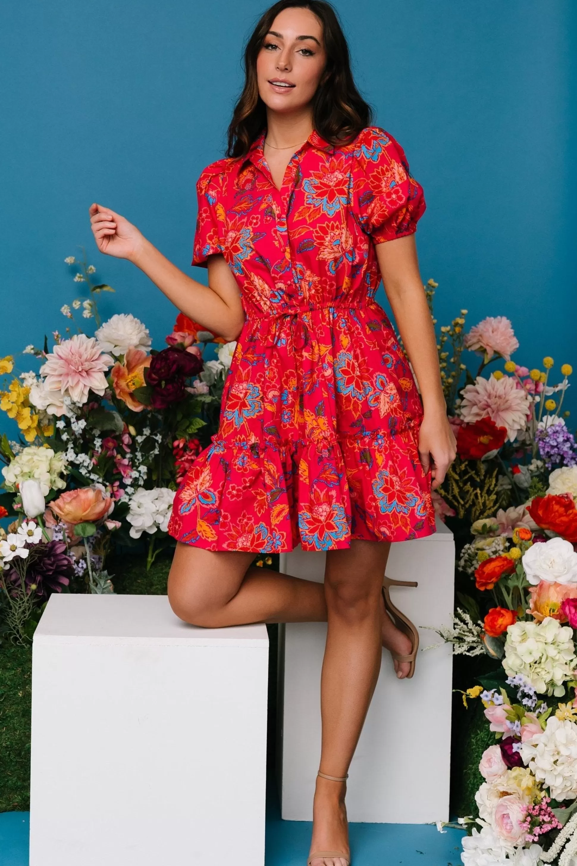 short dresses | Baltic Born Lara Ruffle Short Dress | Fuchsia Floral