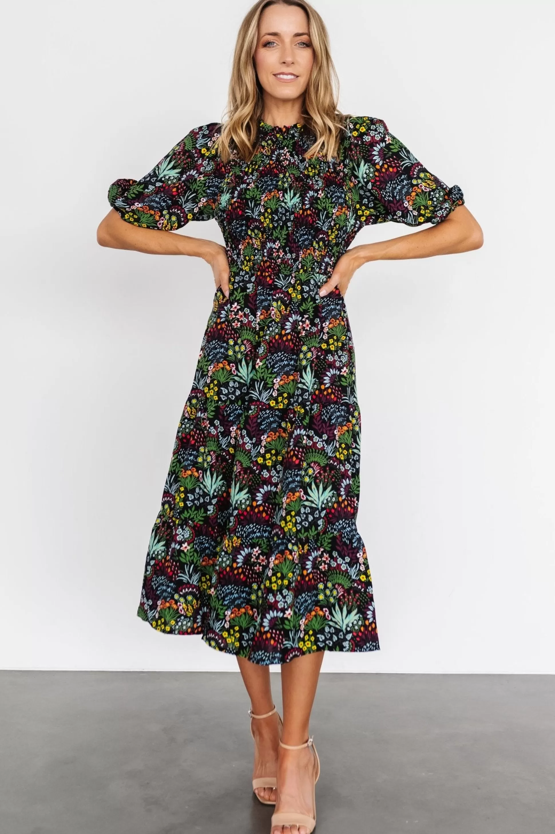 midi dresses | EXTENDED SIZING | Baltic Born Lena Tiered Midi Dress | Black Multi Floral