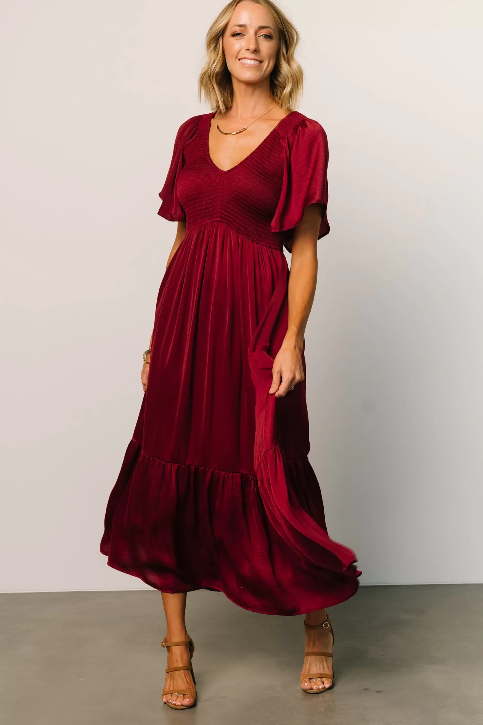 midi dresses | WINTER ESSENTIALS | Baltic Born Lovell Smocked Midi Dress | Wine