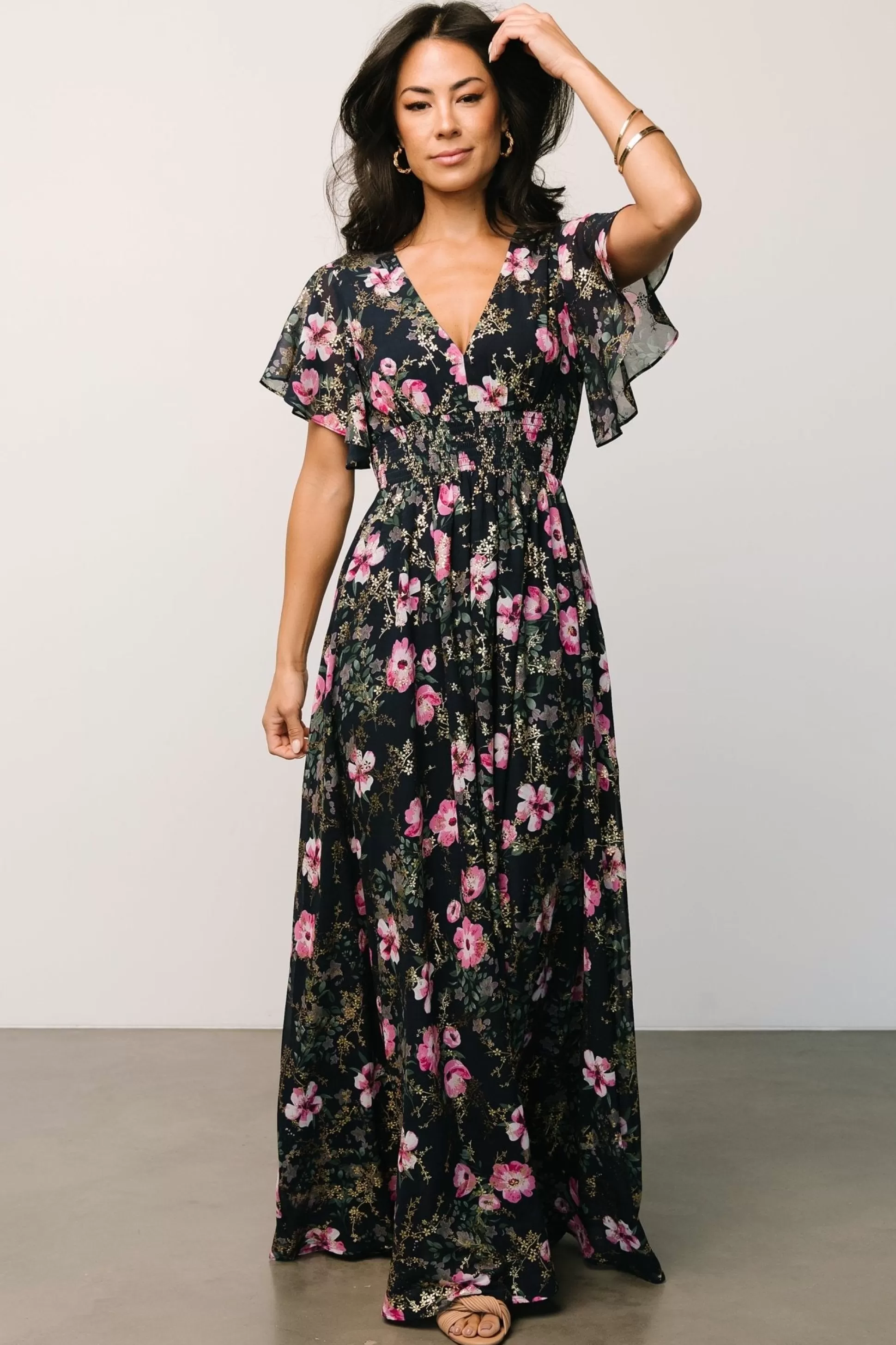 WEDDING SUITE | wedding guest | Baltic Born Lynlee Metallic Maxi Dress | Dark Blue + Pink