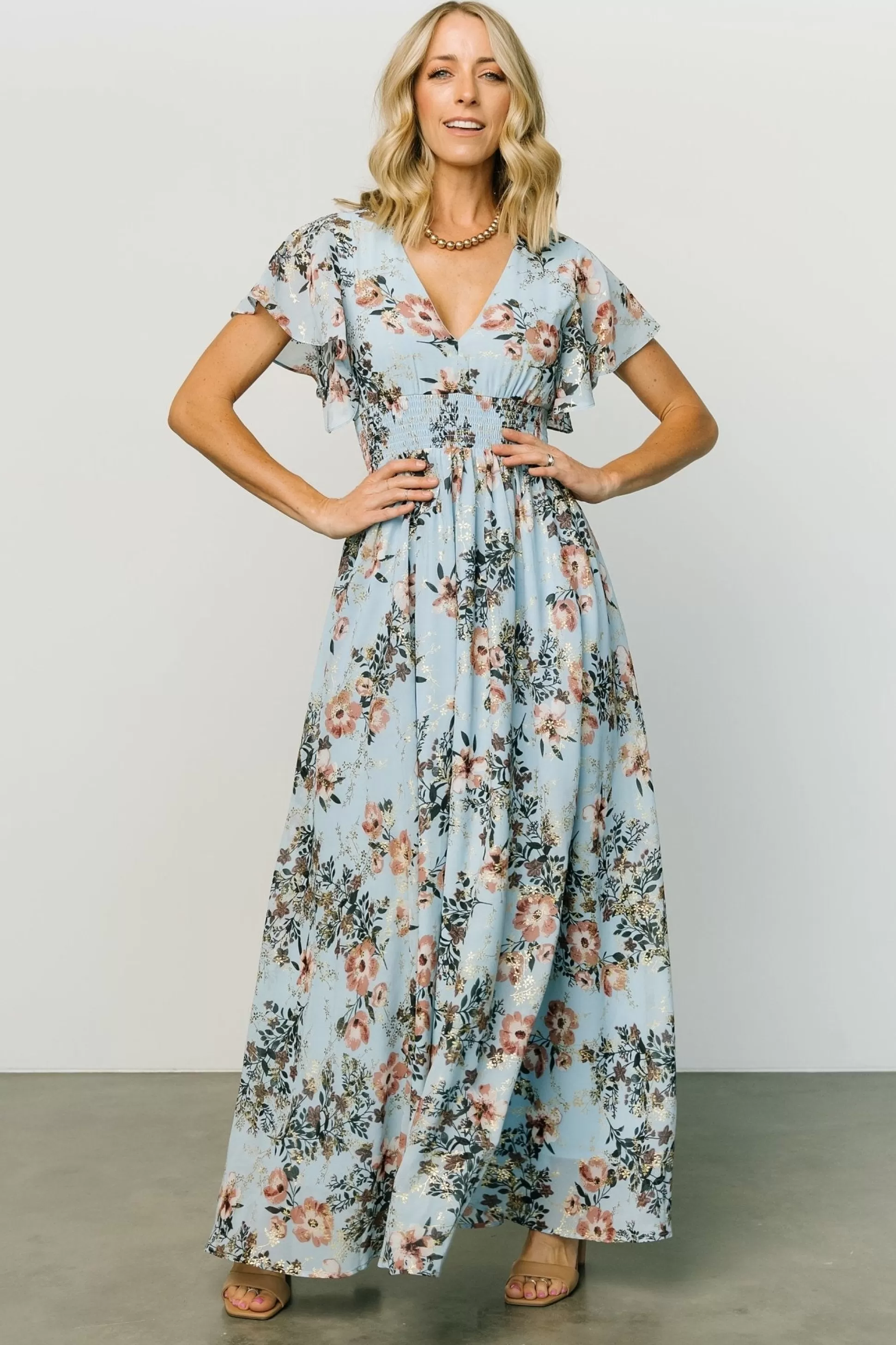 WEDDING SUITE | wedding guest | Baltic Born Lynlee Metallic Maxi Dress | Light Blue