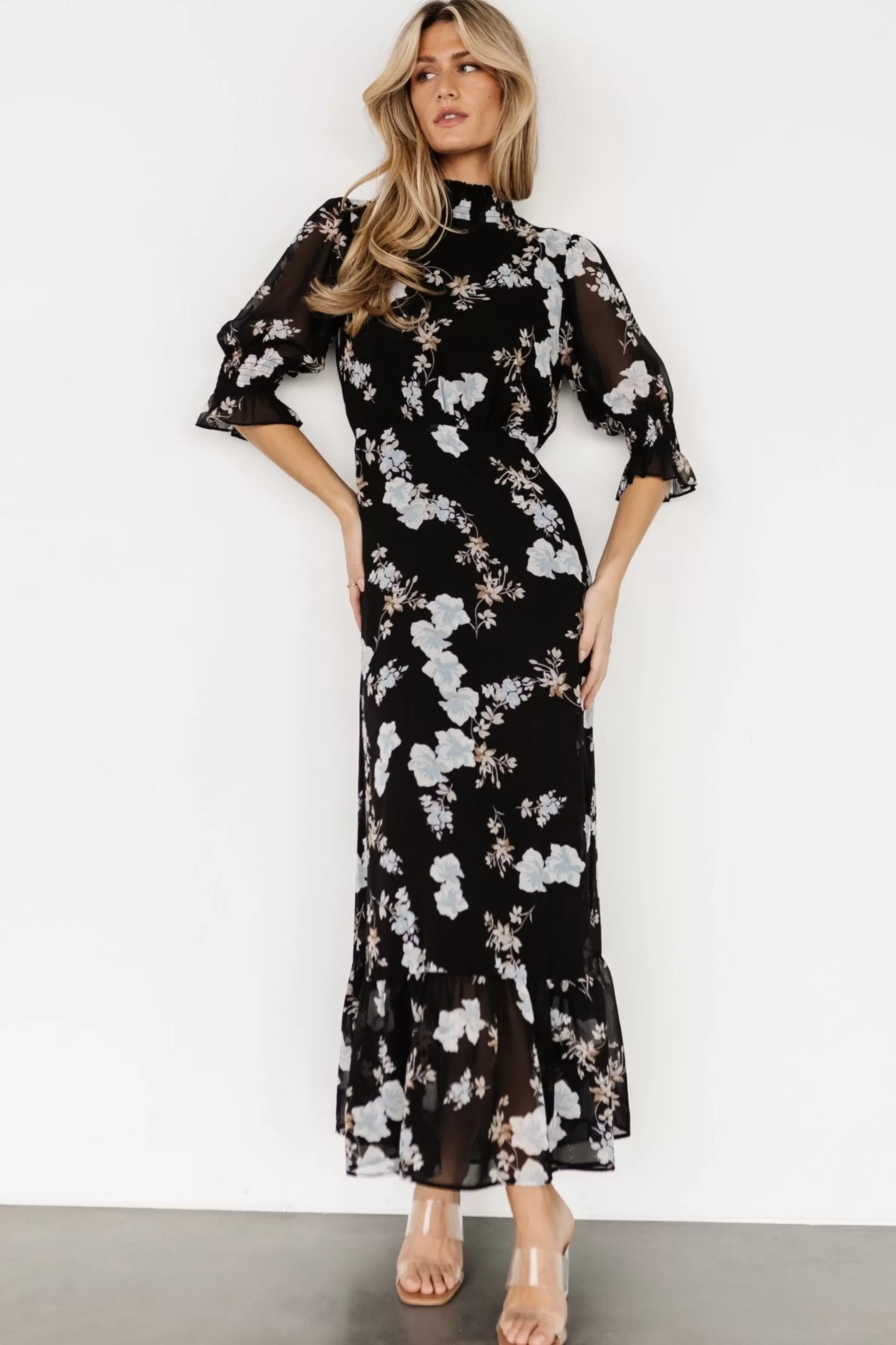 WEDDING SUITE | wedding guest | Baltic Born Marie Mock Neck Maxi Dress | Black Floral