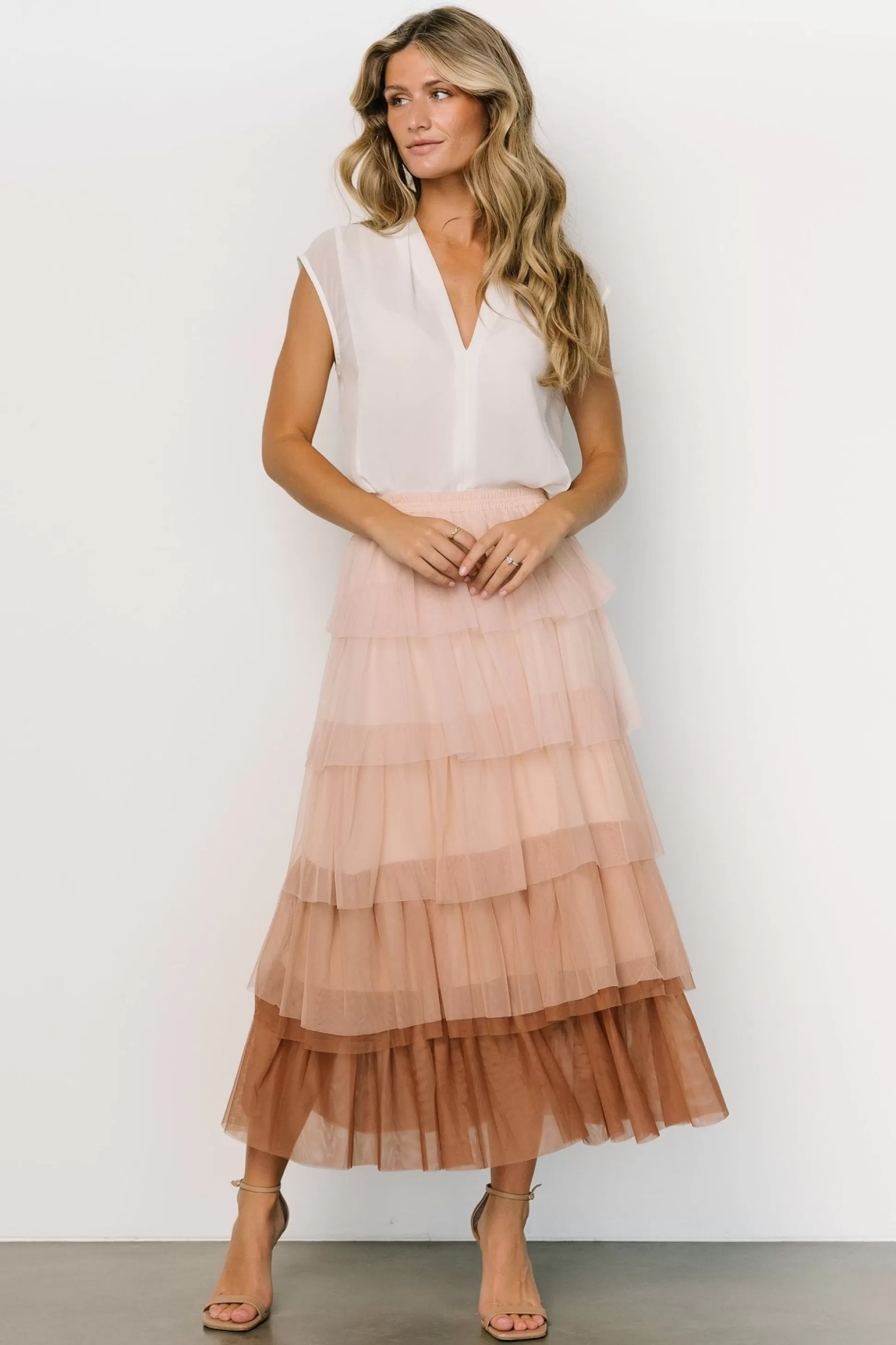 skirts | Baltic Born Marlene Tulle Ruffle Skirt | Natural + Rosy Brown
