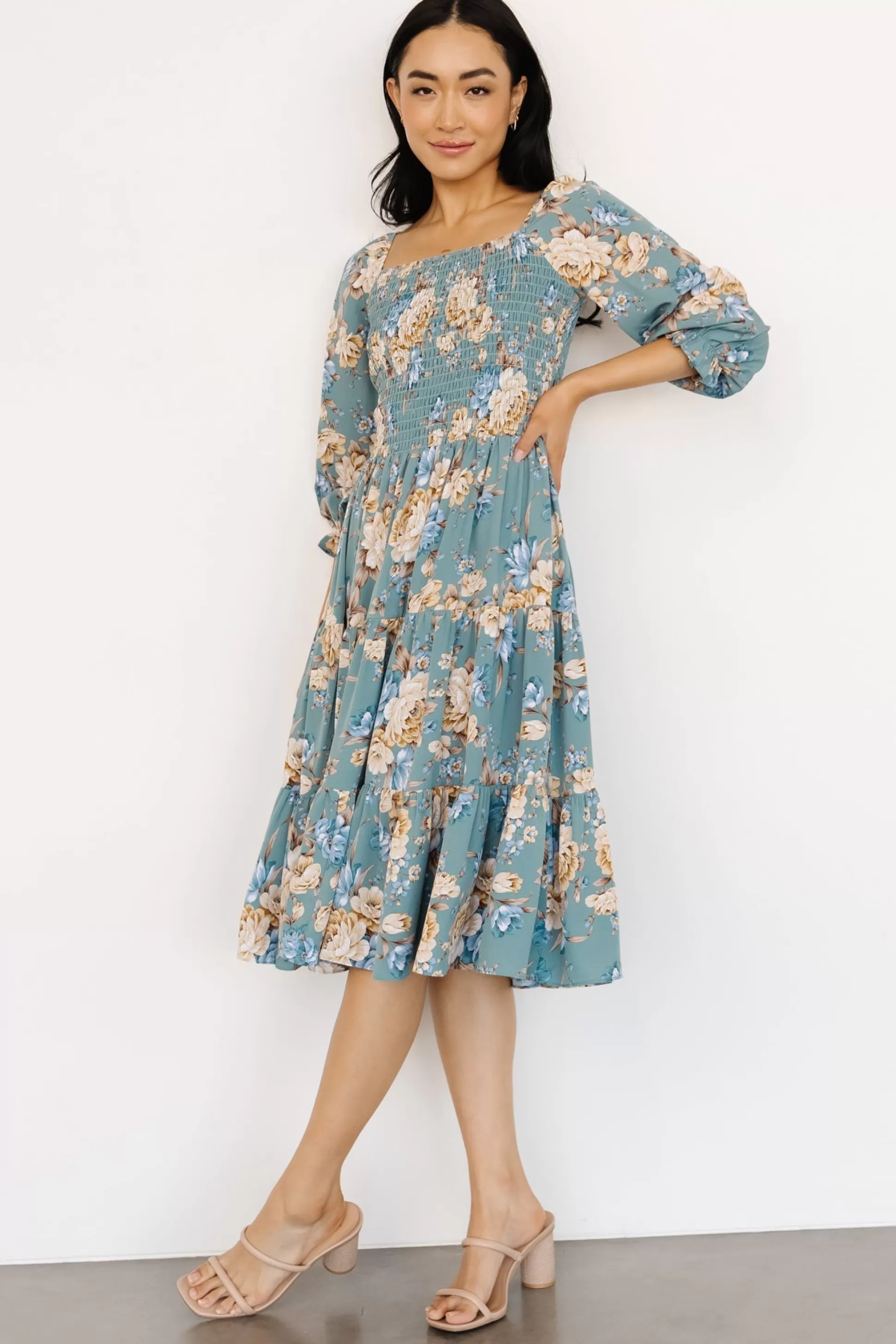 SALE | Baltic Born Marta Smocked Midi Dress | Antique Blue + Gold