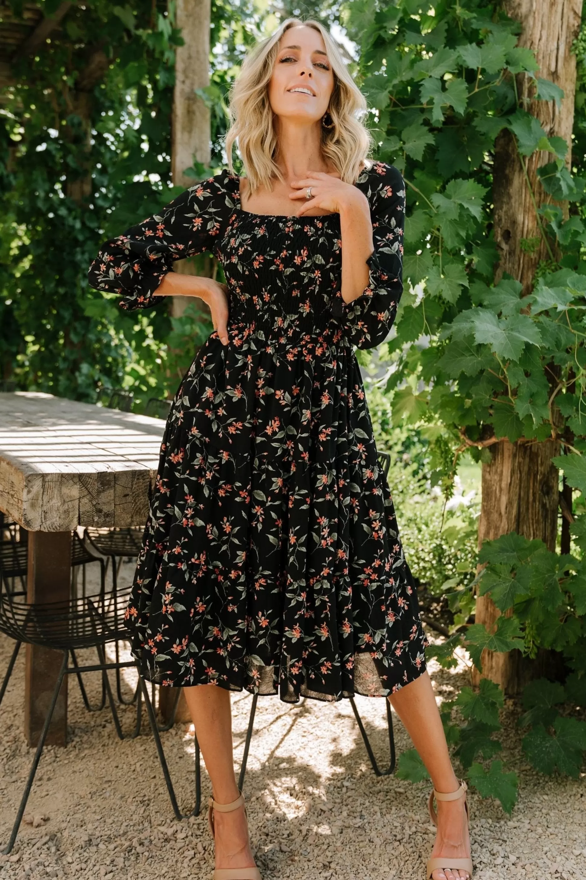 SALE | Baltic Born Marta Smocked Midi Dress | Black Floral