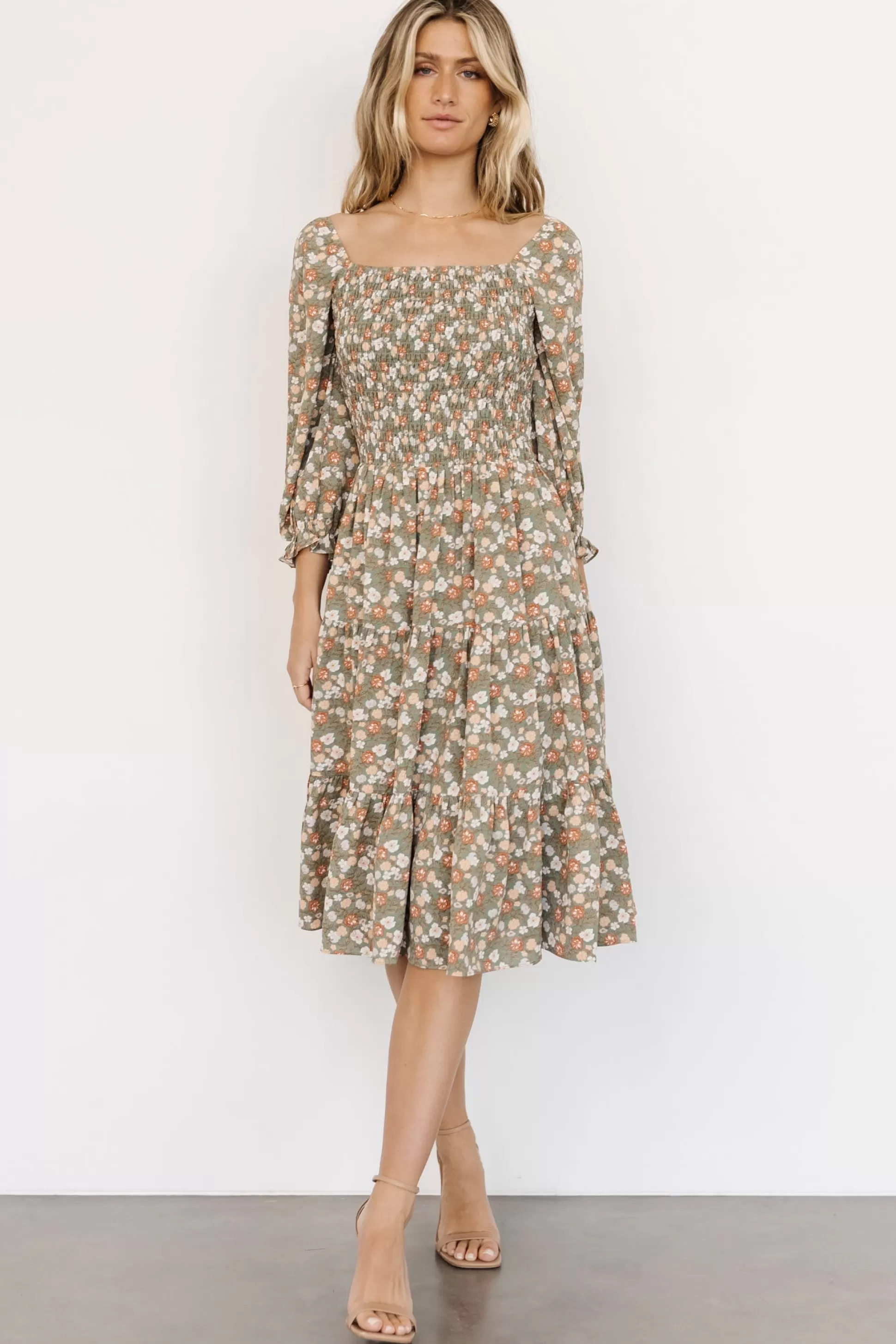 SALE | Baltic Born Marta Smocked Midi Dress | Dusty Olive Floral