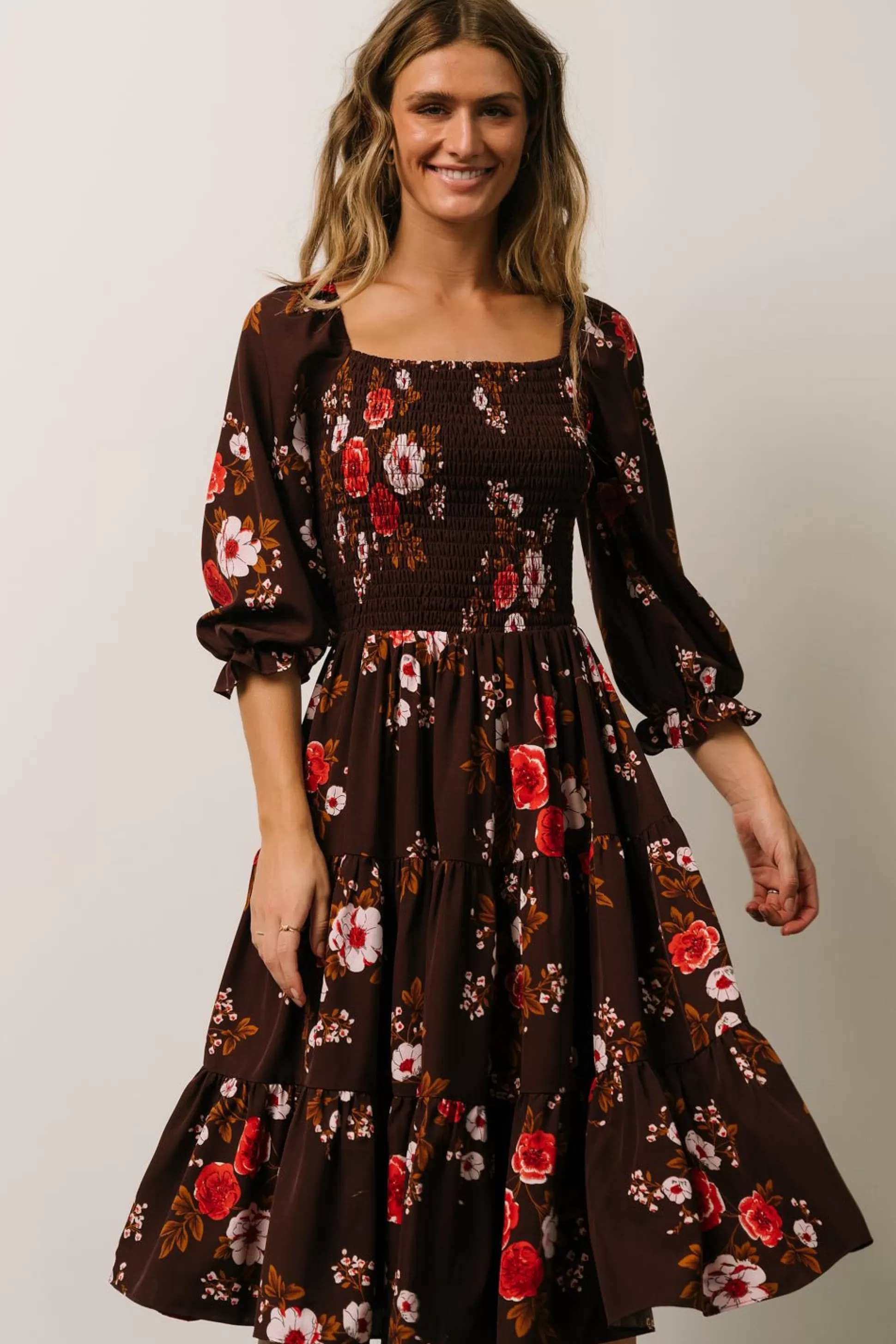 SALE | Baltic Born Marta Smocked Midi Dress | Mahogany Floral