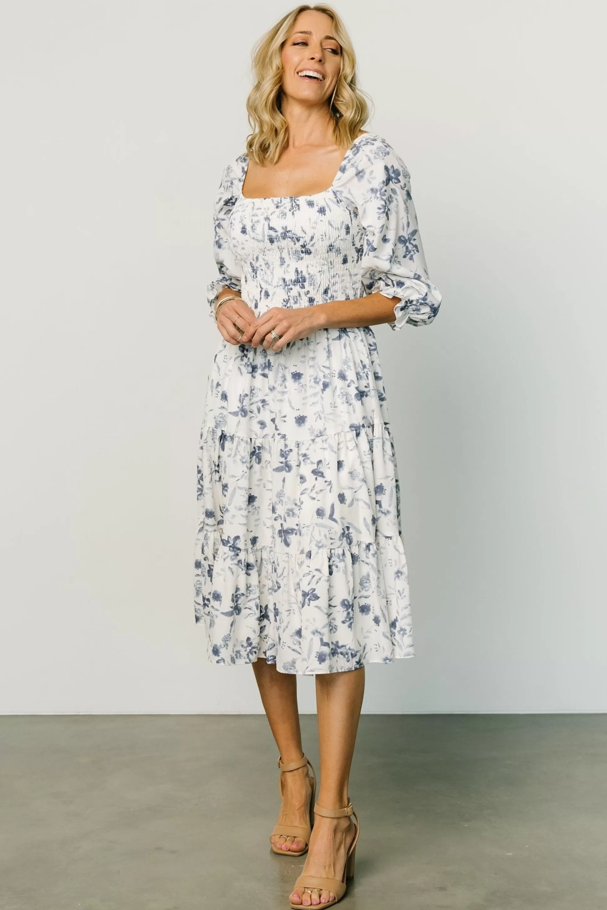 SALE | Baltic Born Marta Smocked Midi Dress | White + Blue