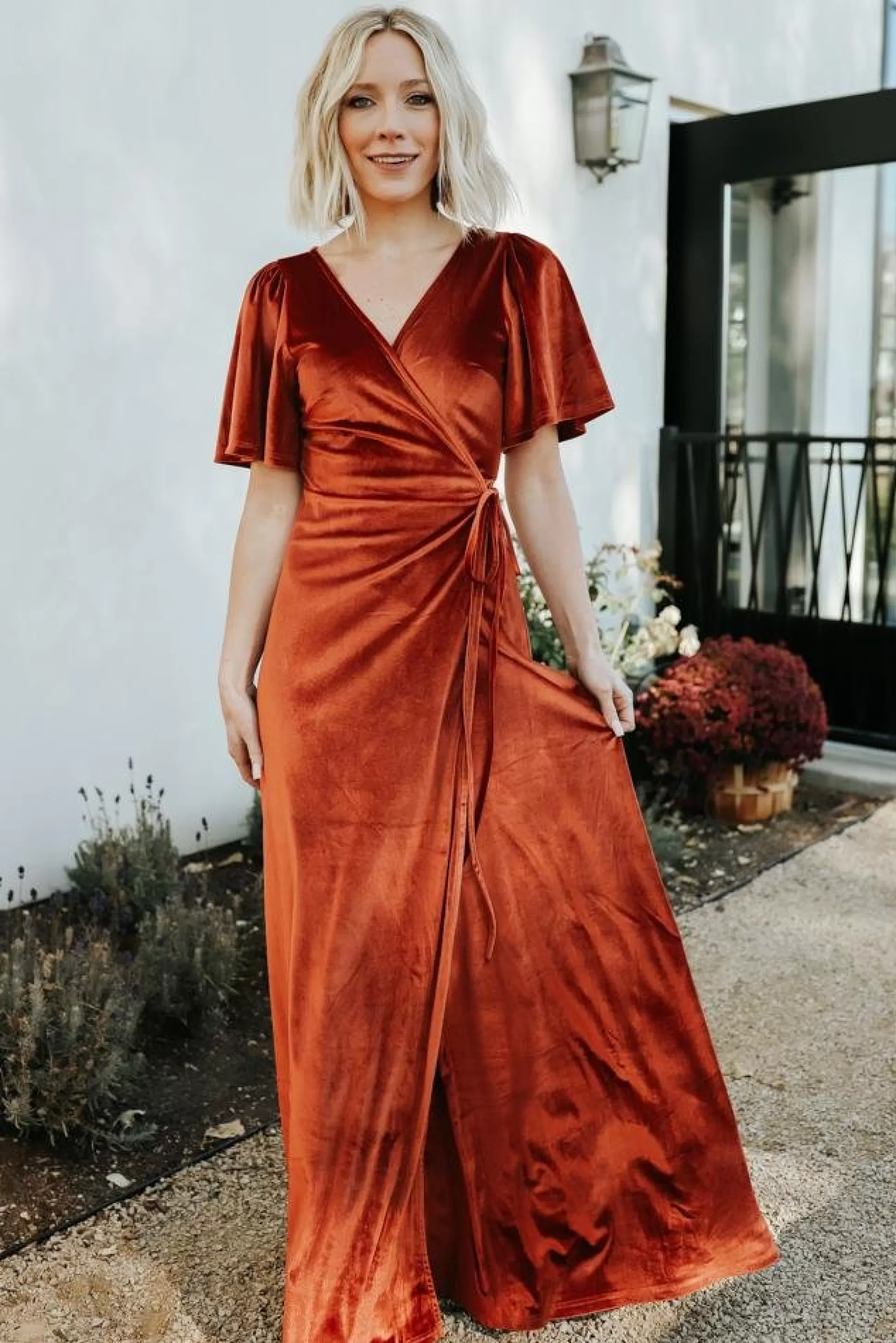 maxi dresses | WEDDING SUITE | Baltic Born Meghan Velvet Wrap Maxi Dress | Rust