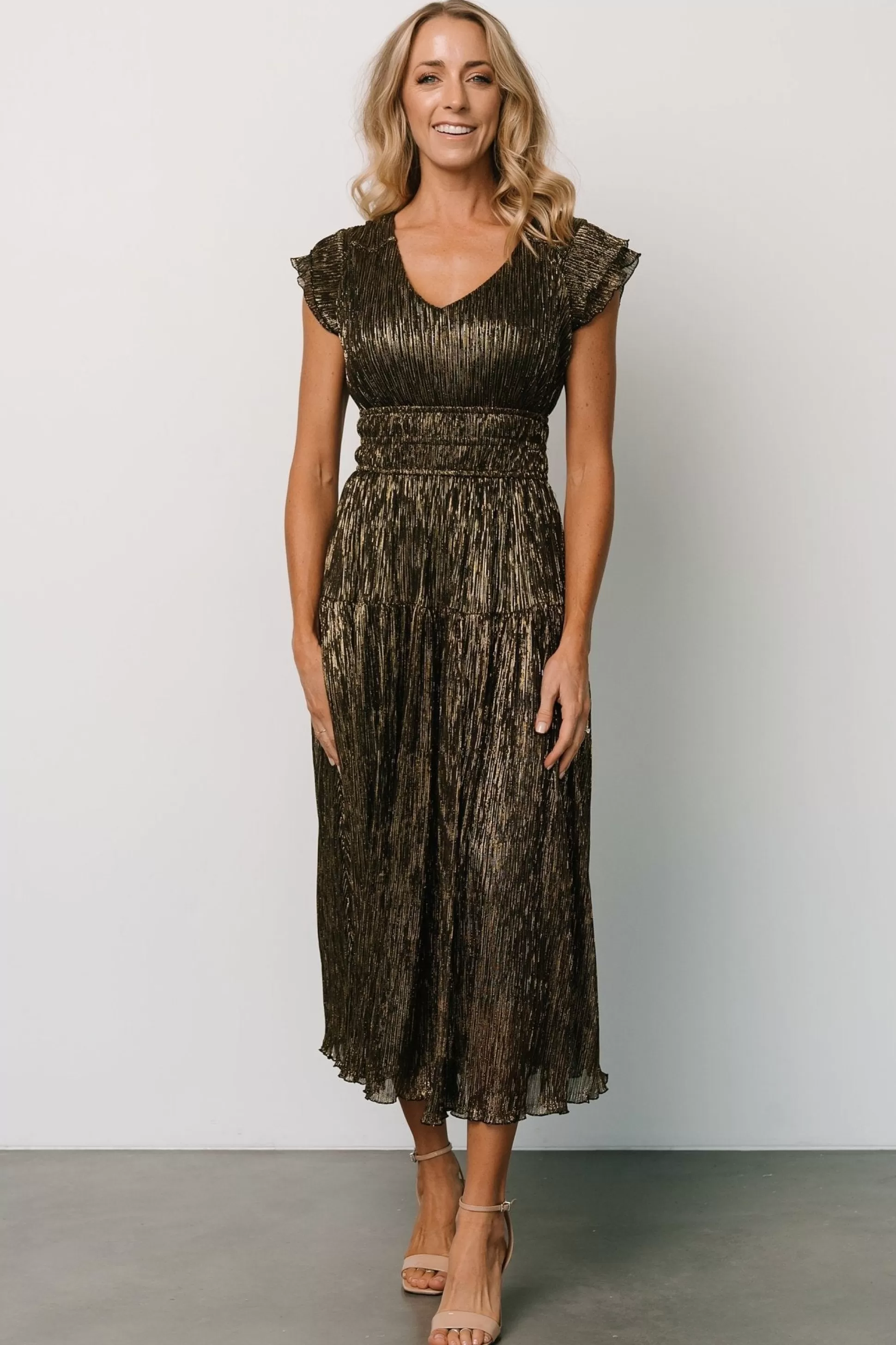 COMING SOON | Baltic Born Miley Pleated Shimmer Dress | Gold