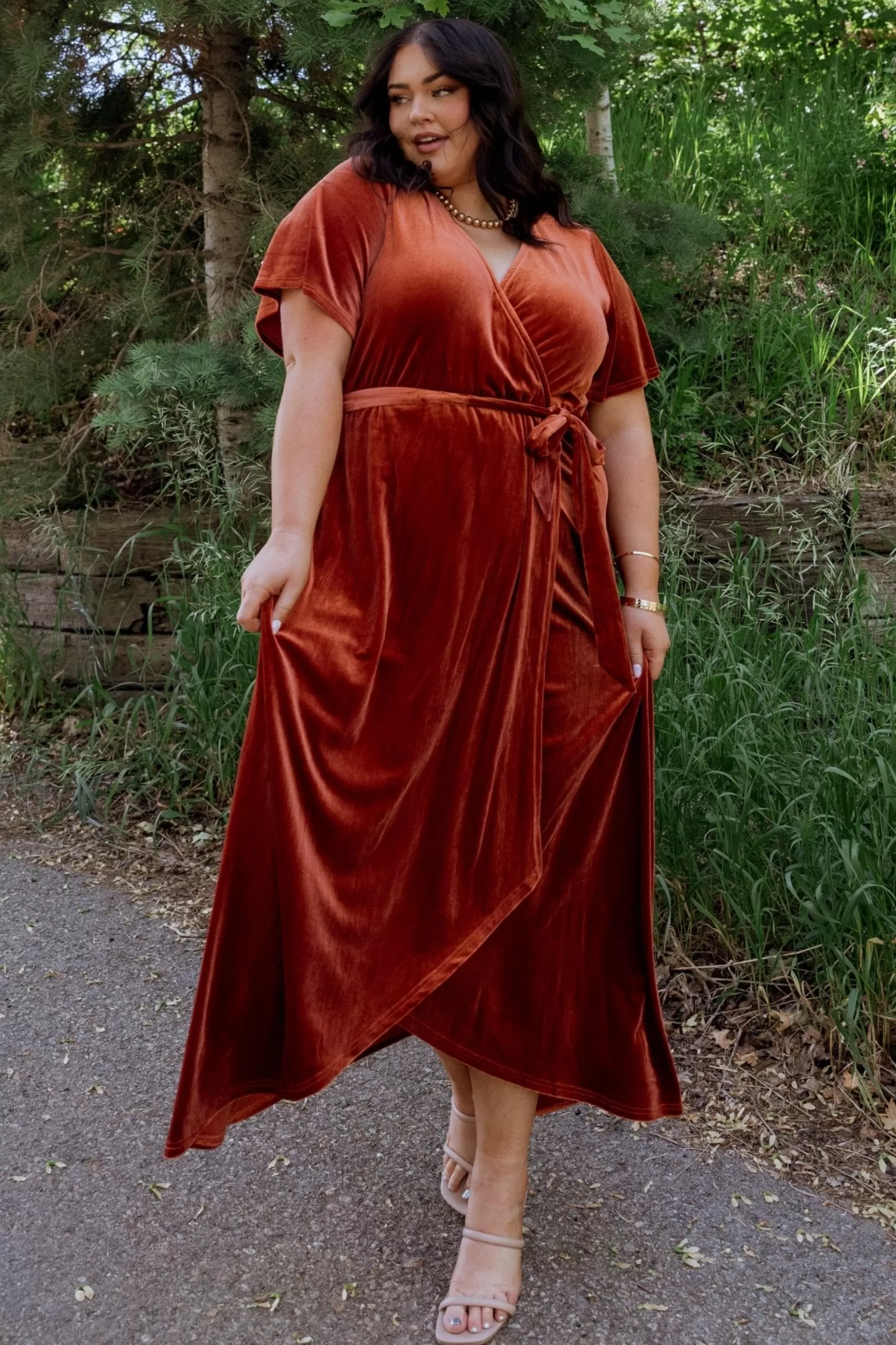 midi dresses | bump friendly | Baltic Born Nadine Velvet Midi Dress | Rust