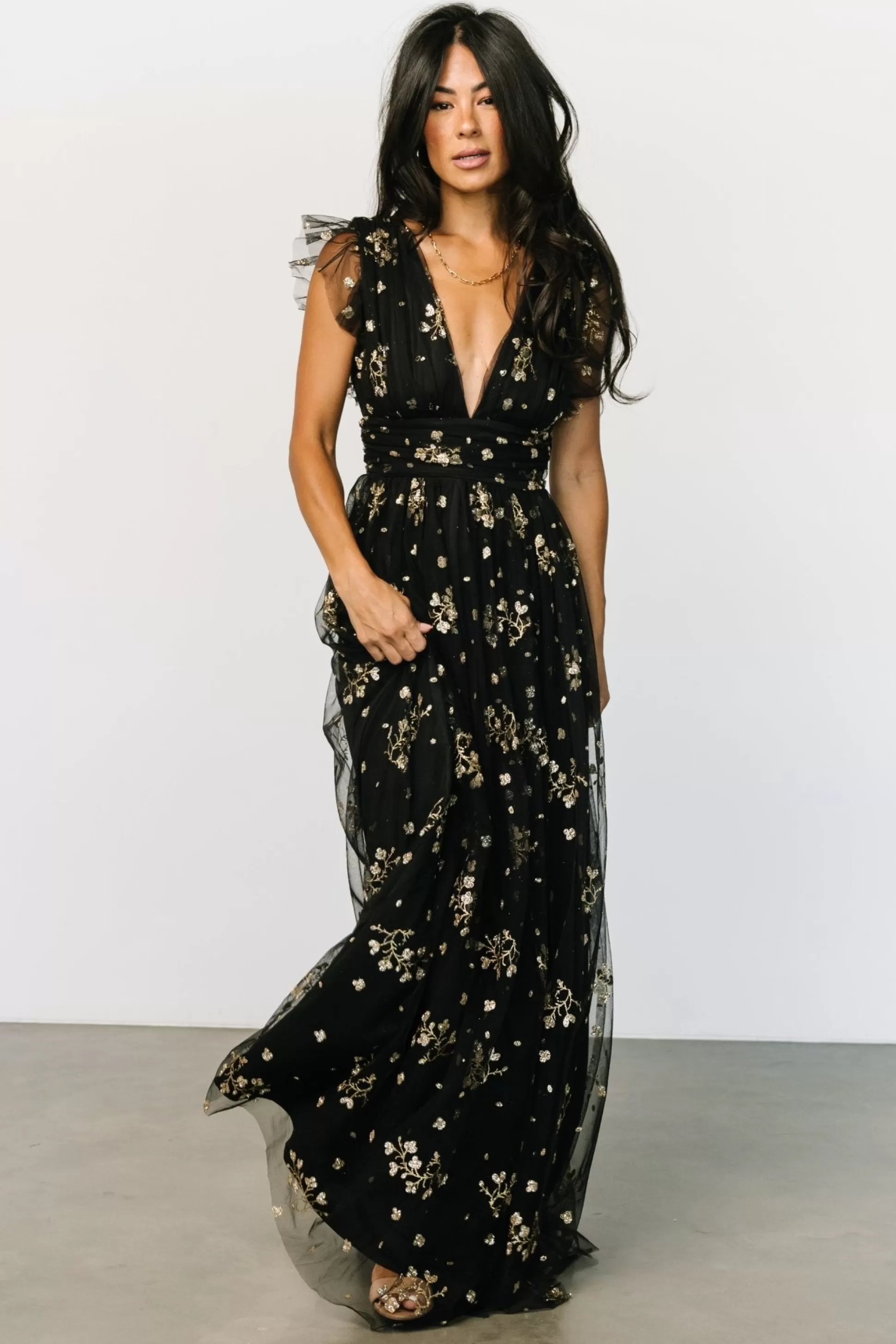 tulle styles | Baltic Born Natalia Floral Embellished Maxi Dress | Black + Gold