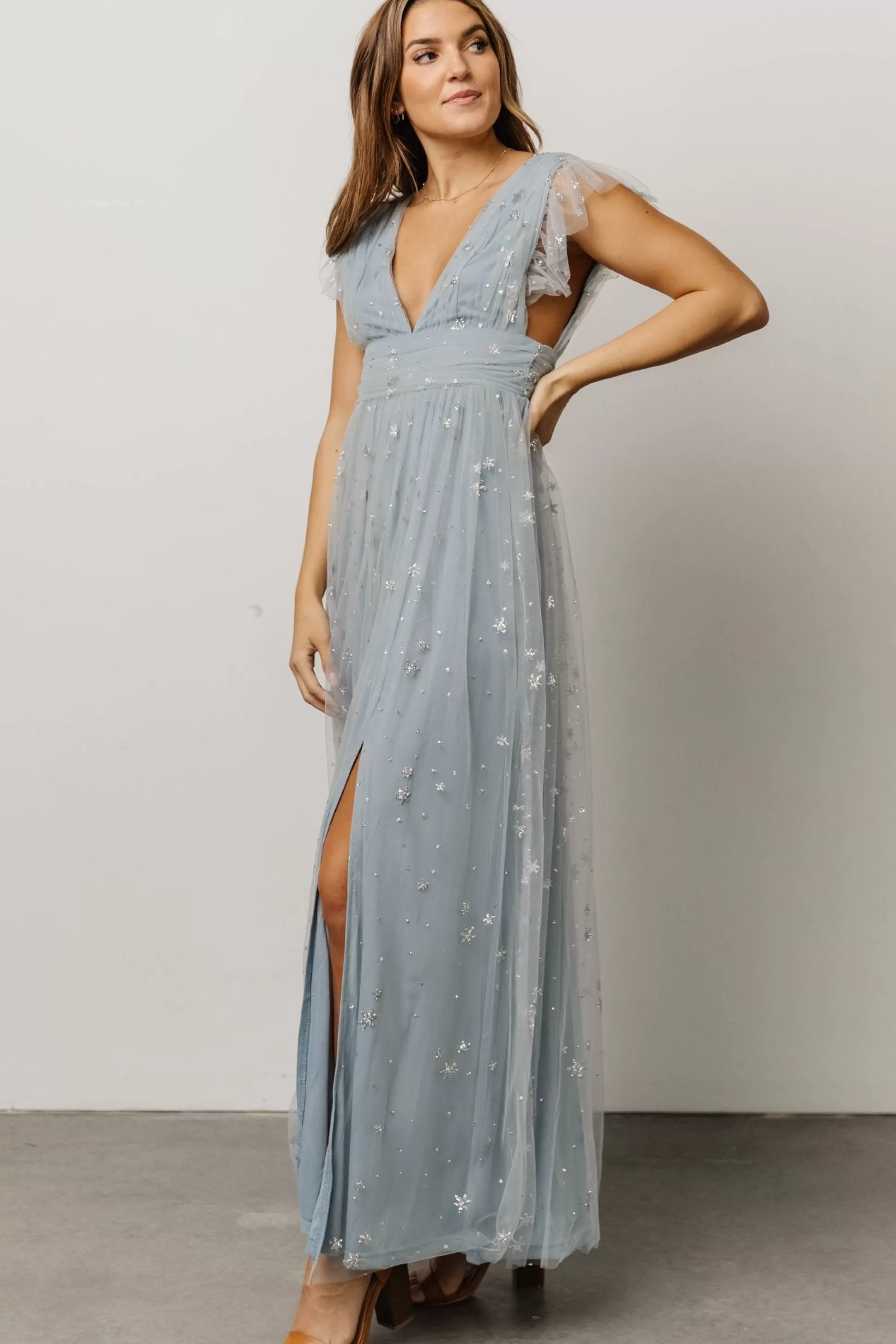 tulle styles | Baltic Born Nova Shimmer Maxi Dress | Dusty Blue + Silver