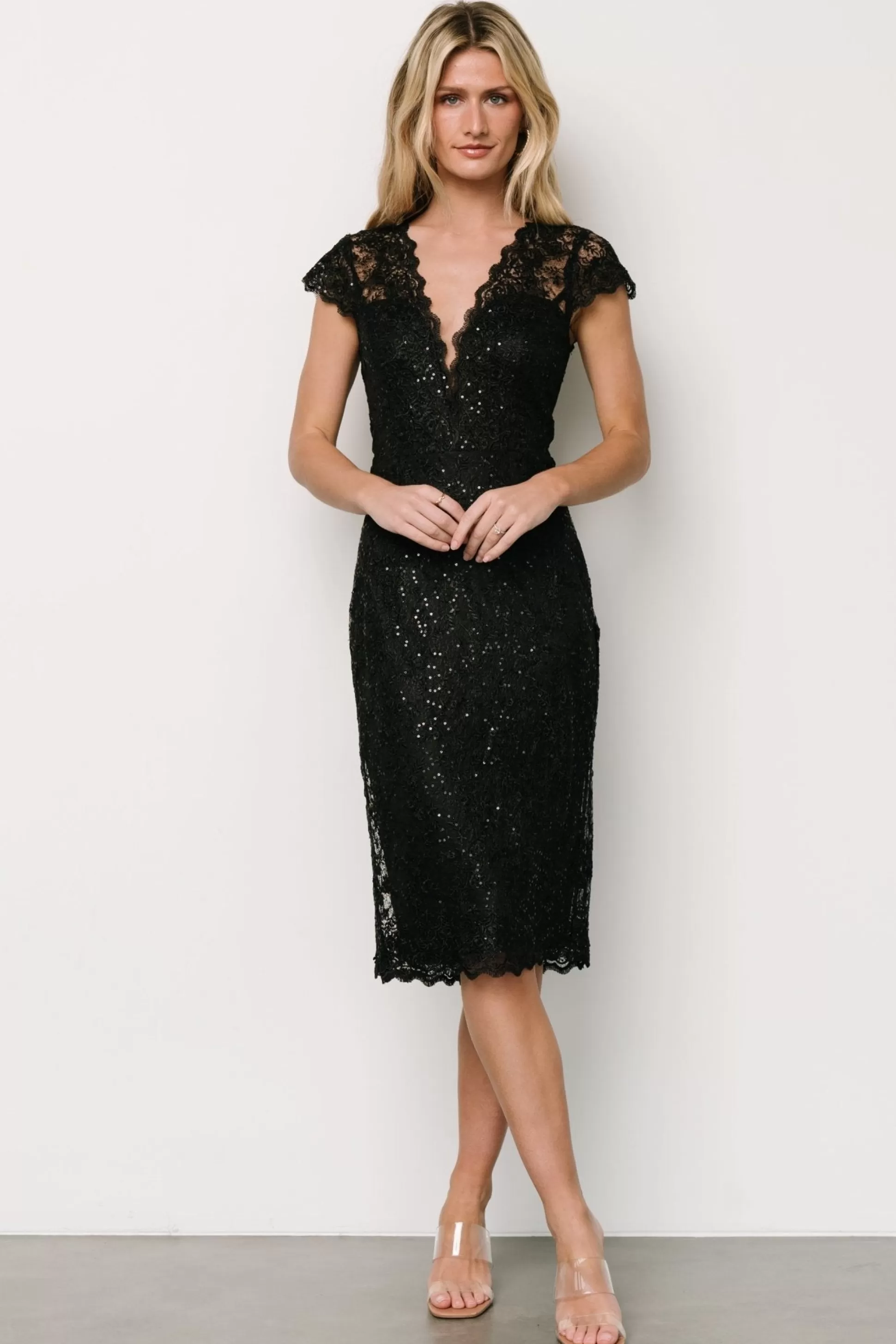 embellished + sequined | Baltic Born Oriana Embossed Shimmer Midi Dress | Black