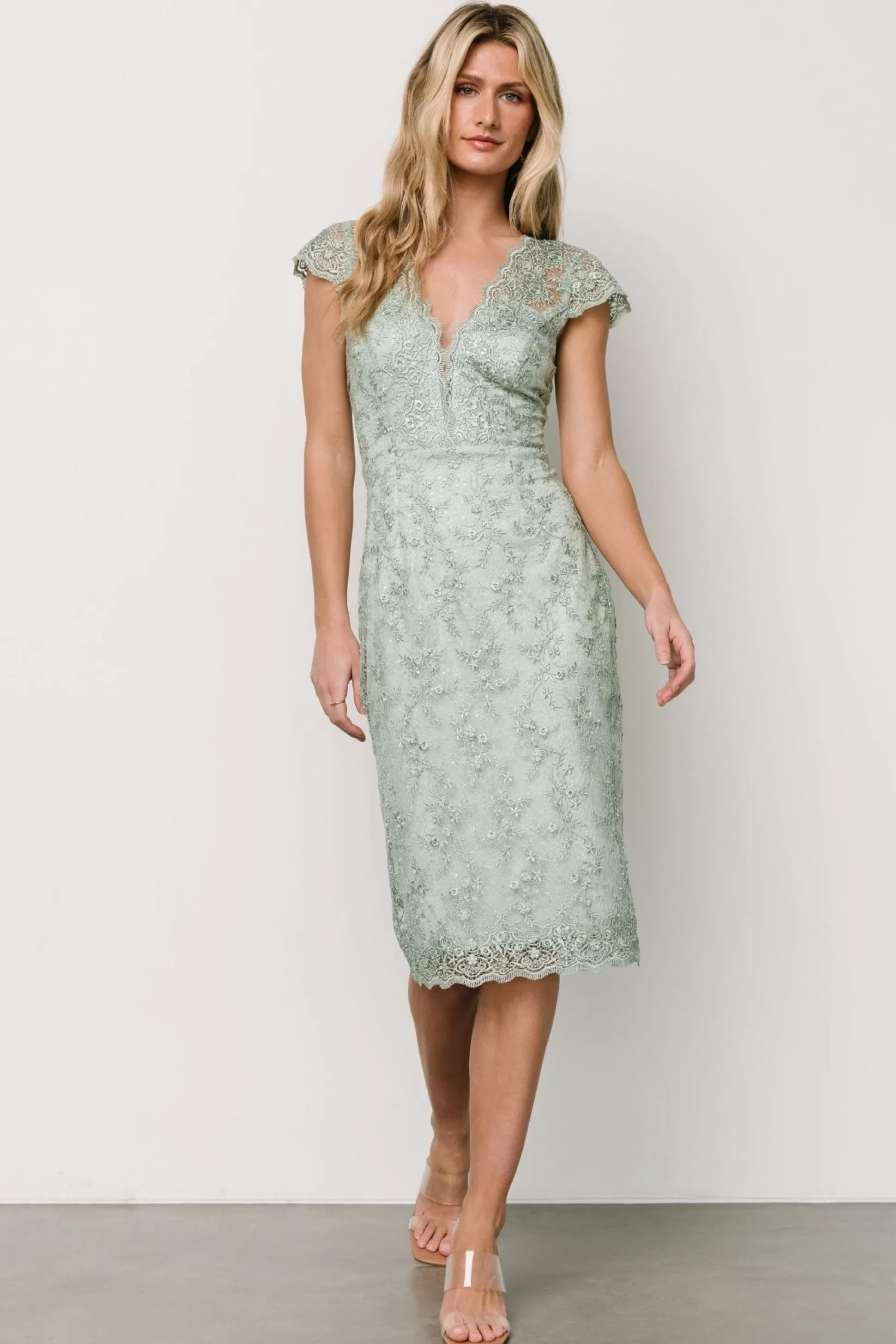 embellished + sequined | Baltic Born Oriana Embossed Shimmer Midi Dress | Sage