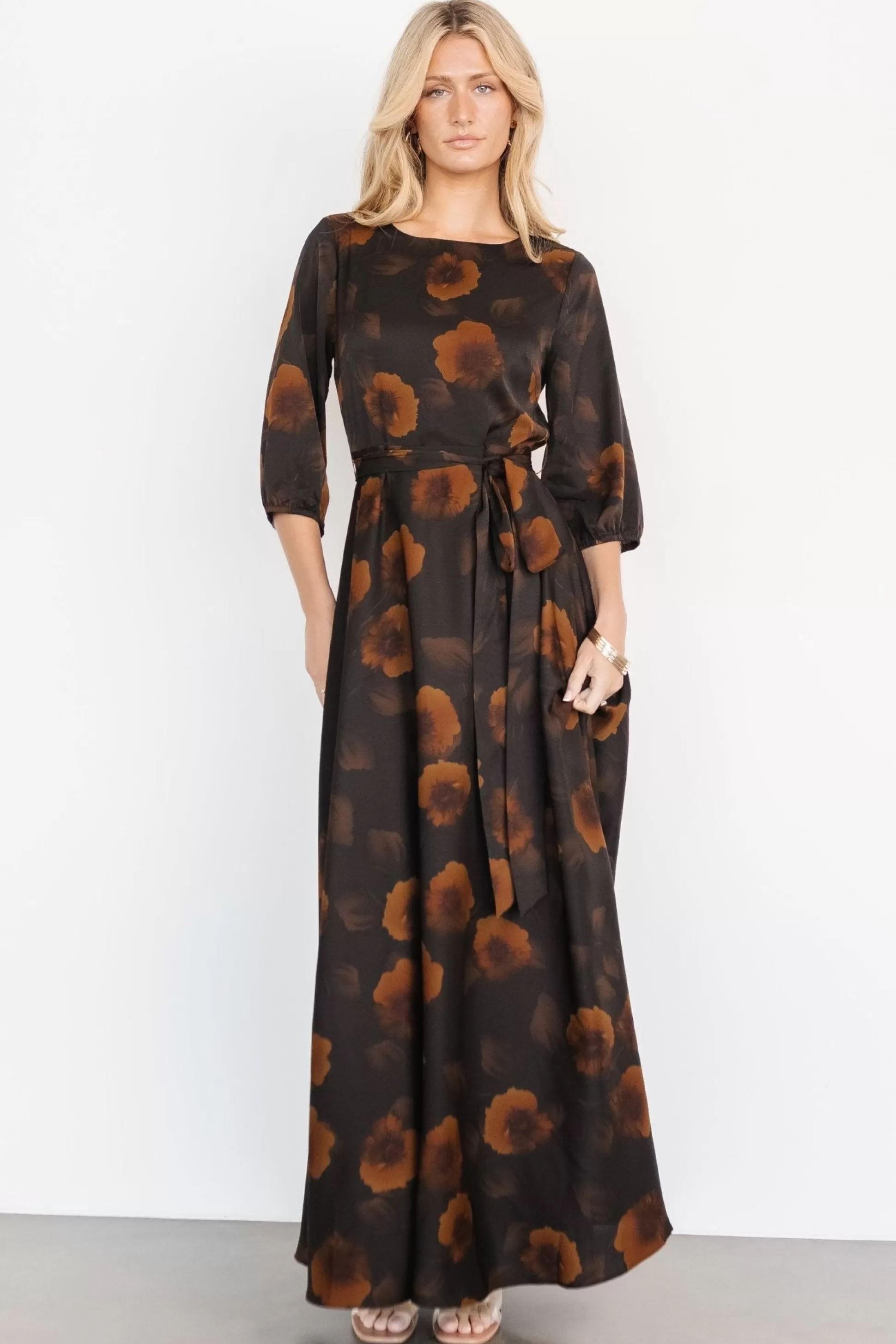 bump friendly | EXTENDED SIZING | Baltic Born Paula Satin Maxi Dress | Deep Brown Floral