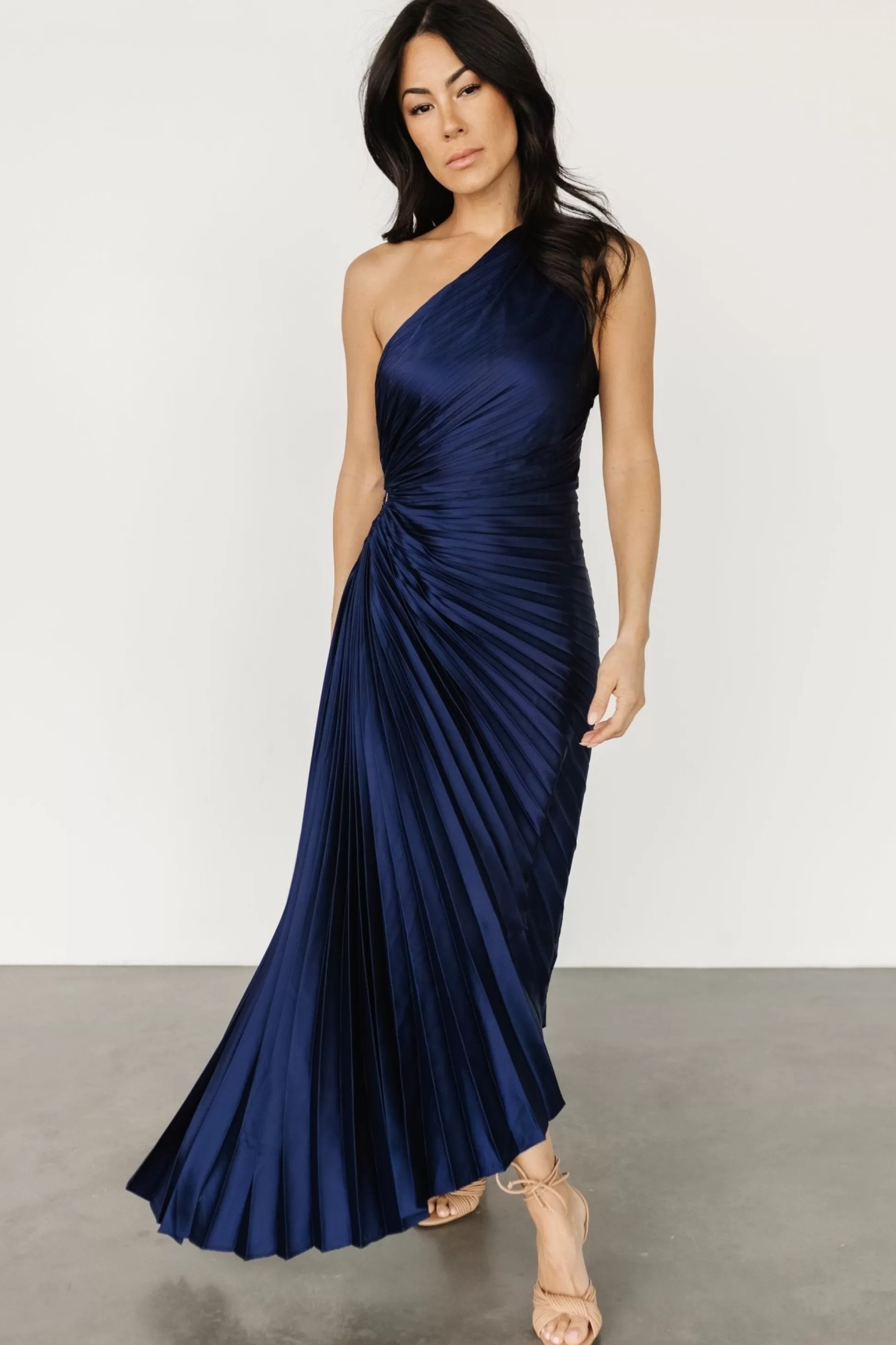 maxi dresses | midi dresses | Baltic Born Presley One Shoulder Pleated Dress | Midnight Blue