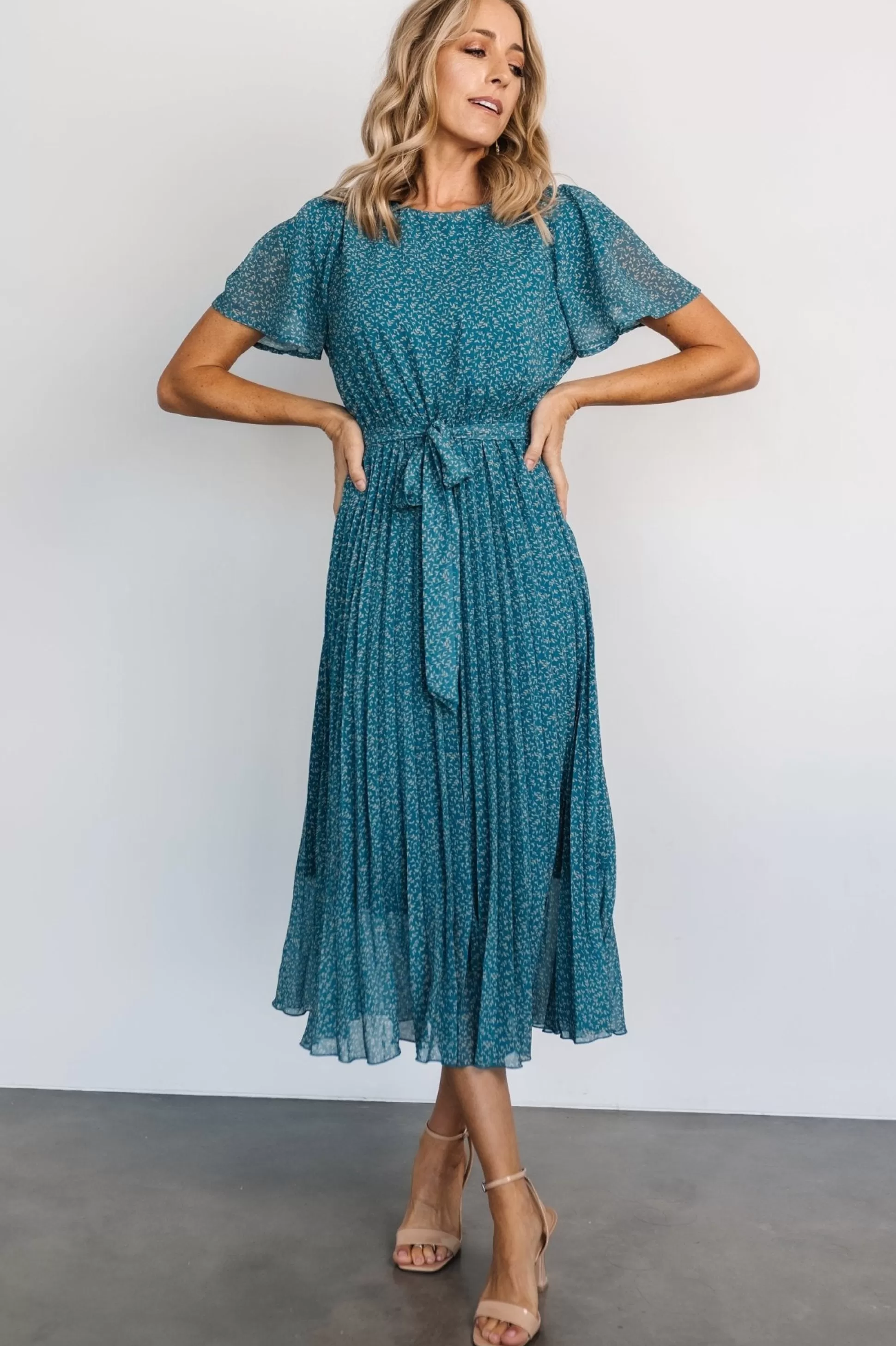 midi dresses | Baltic Born Prim Pleated Dress | Persian Blue Print