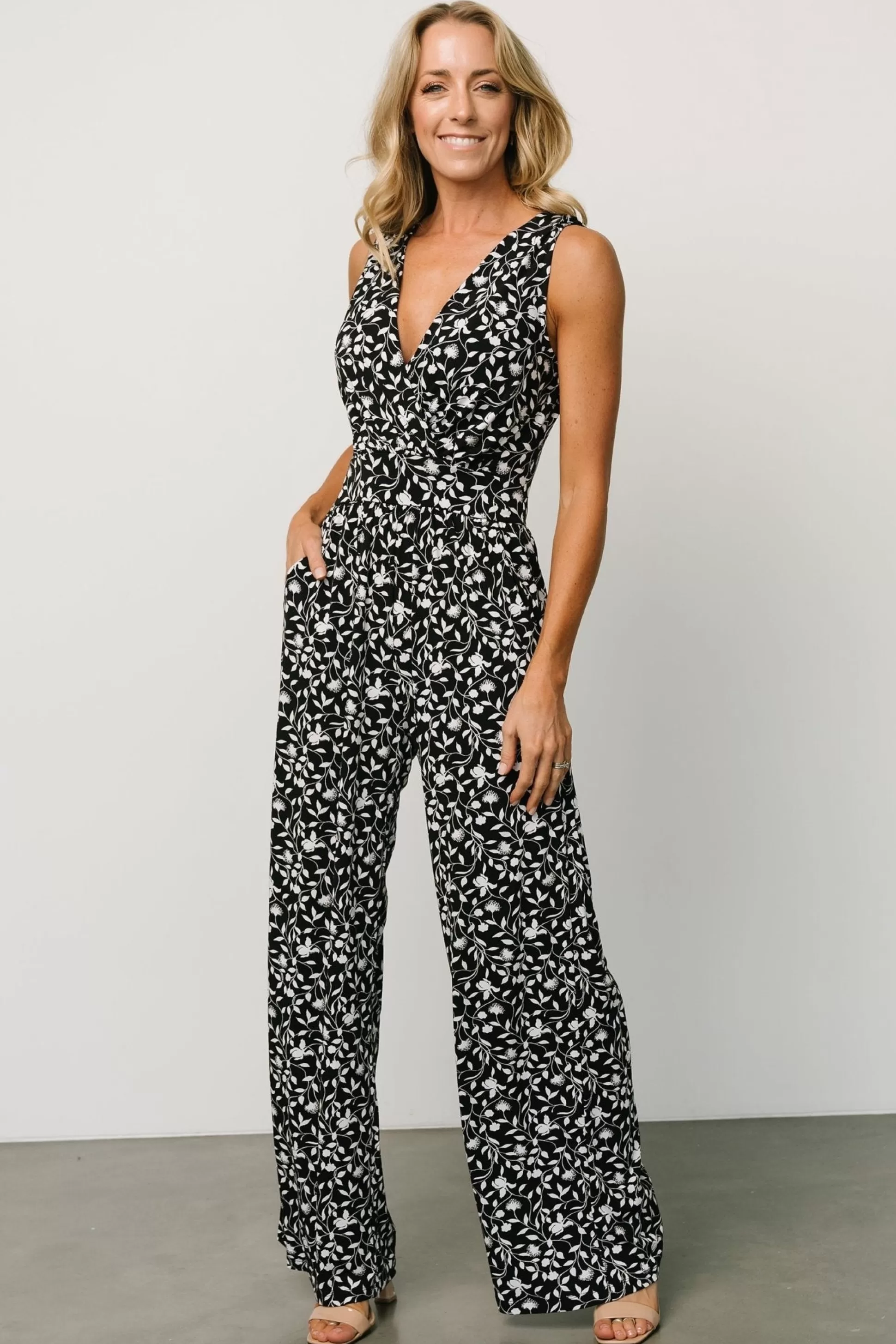 JUMPSUITS + ROMPERS | Baltic Born Rudie Sleeveless Jumpsuit | Black + White Floral