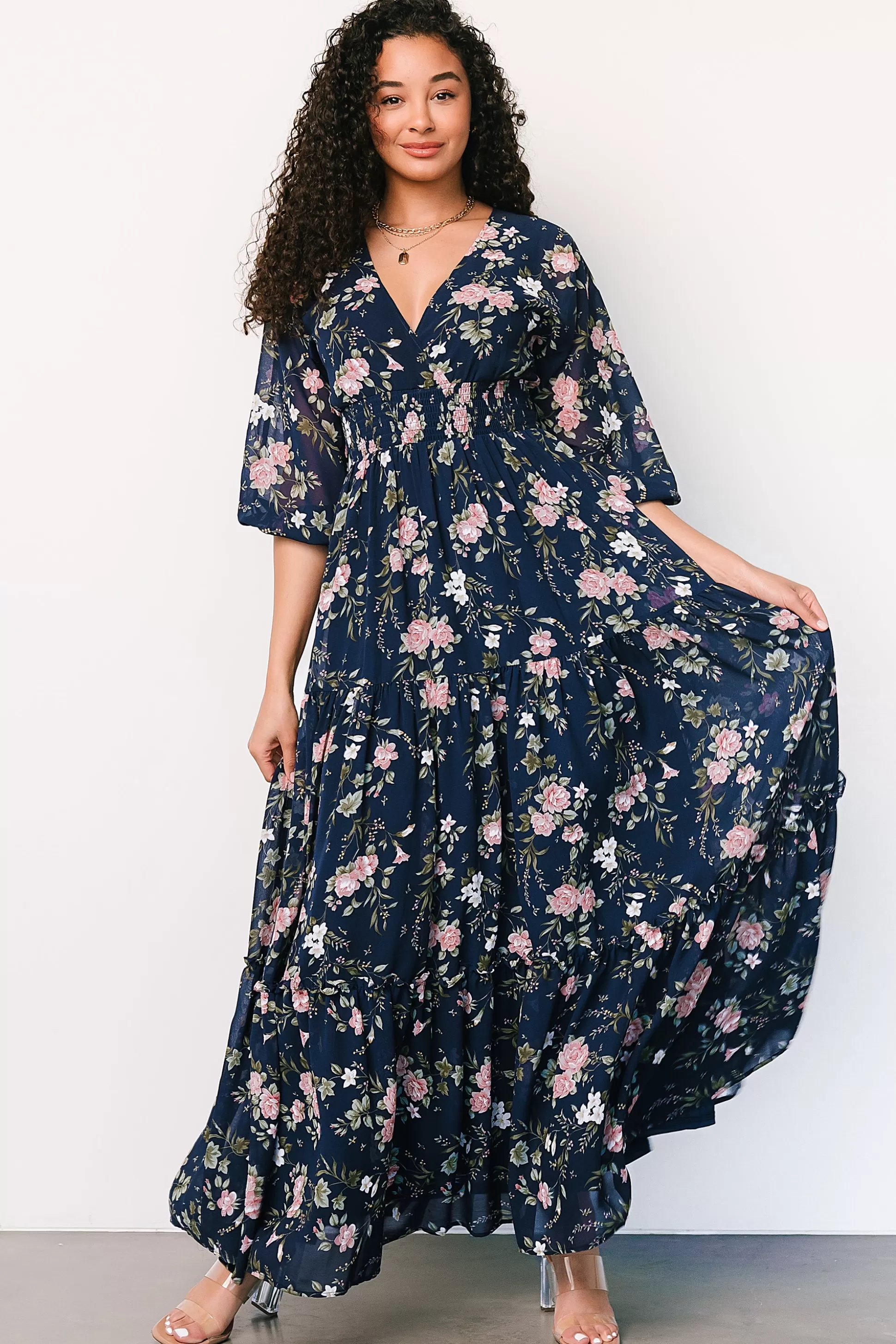 maxi dresses | bump friendly | Baltic Born Sawyer Tiered Maxi Dress | Navy + Pink