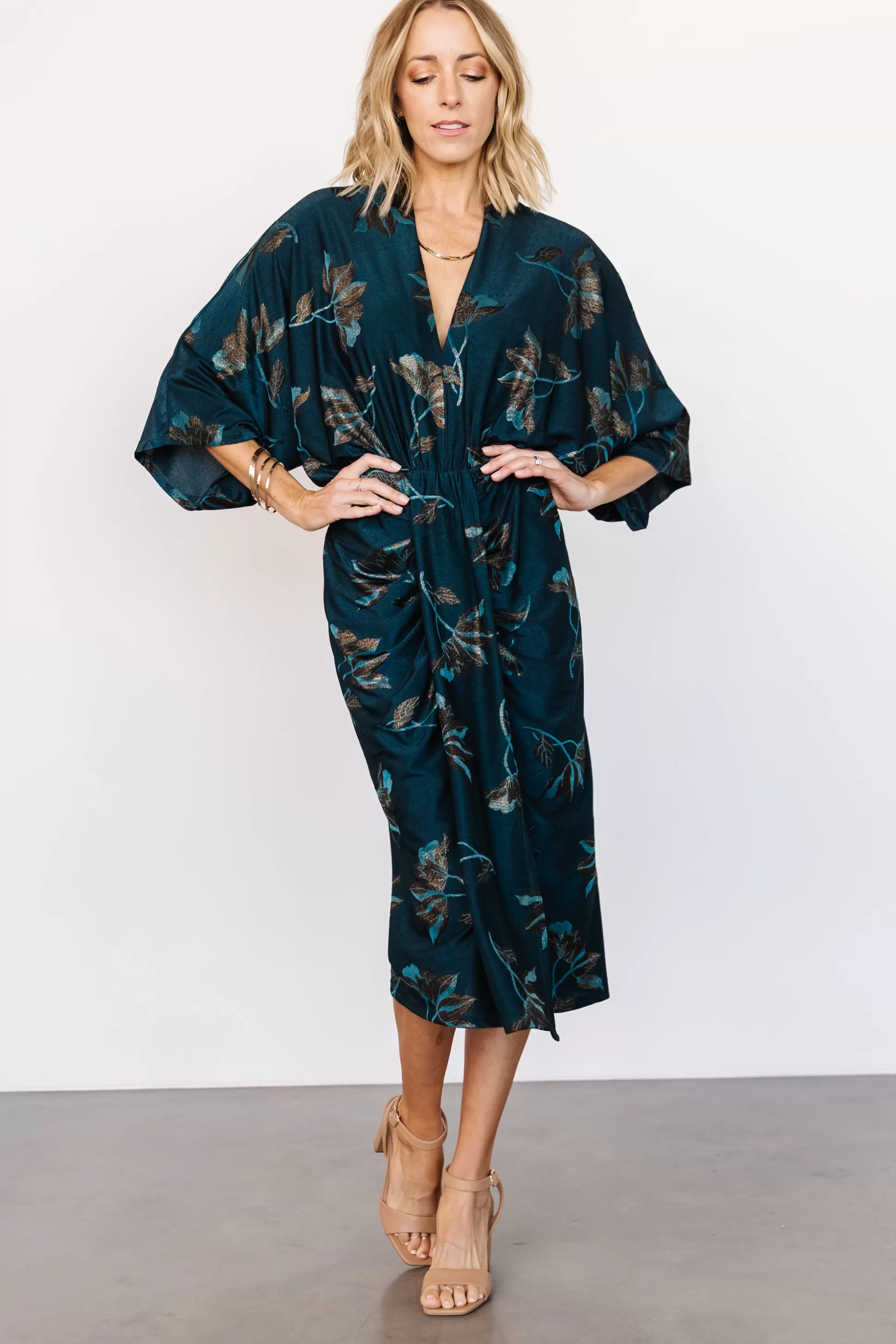 WEDDING SUITE | wedding guest | Baltic Born Shaneen Ruched Midi Dress | Jade Floral Shimmer