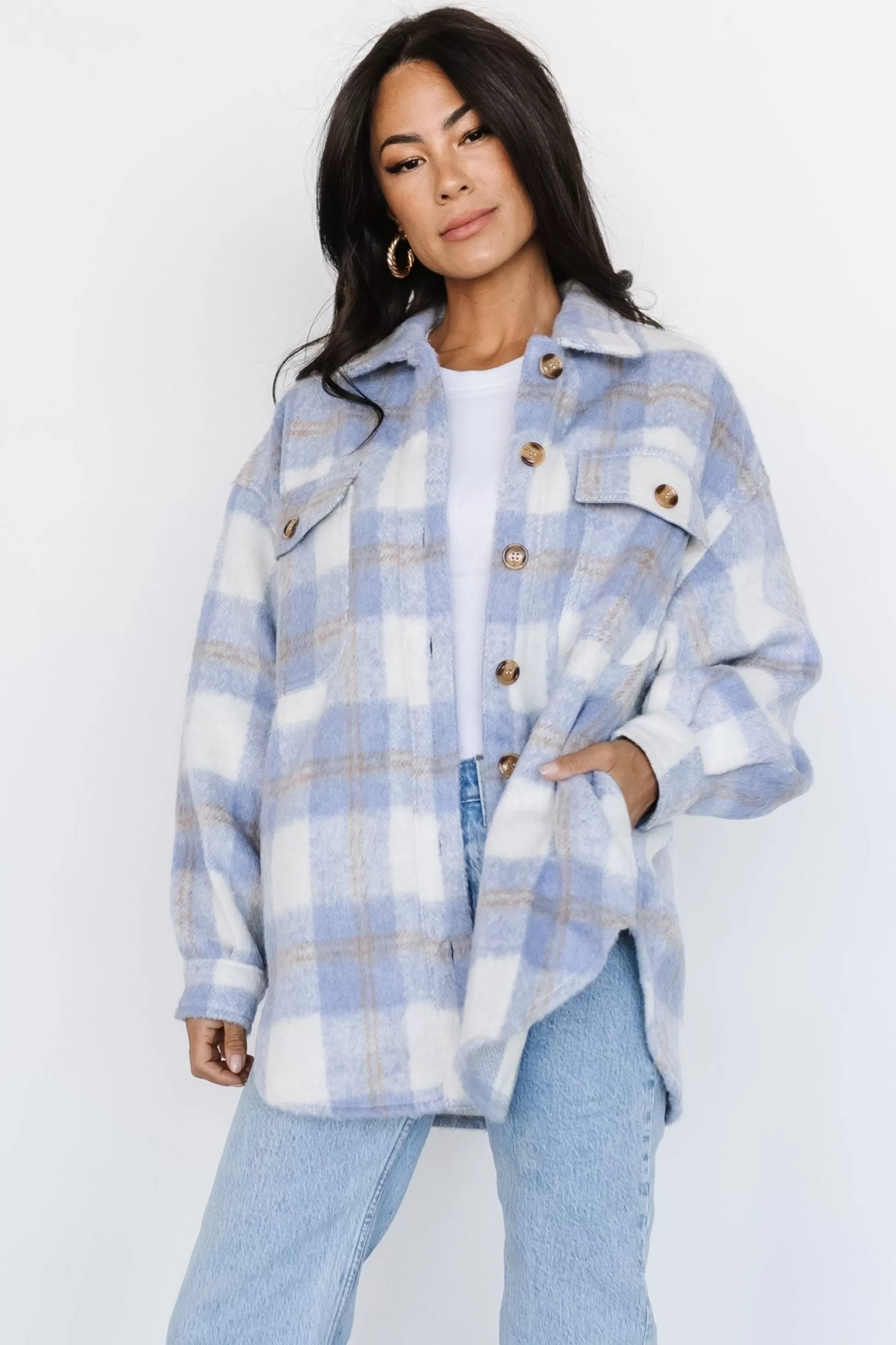 outerwear | Baltic Born Sharon Plaid Shacket | Blue + Off White