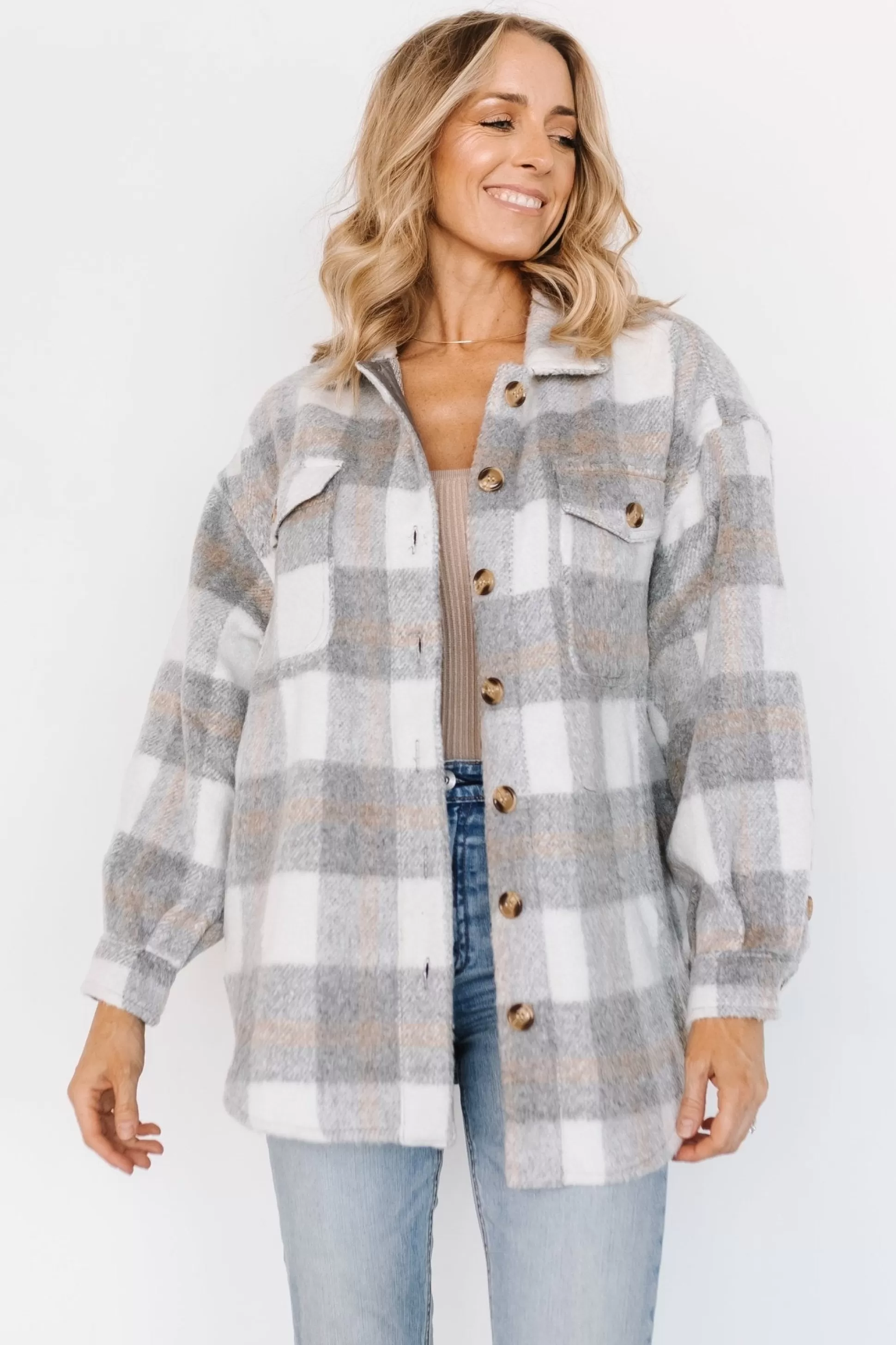 outerwear | Baltic Born Sharon Plaid Shacket | Gray + White