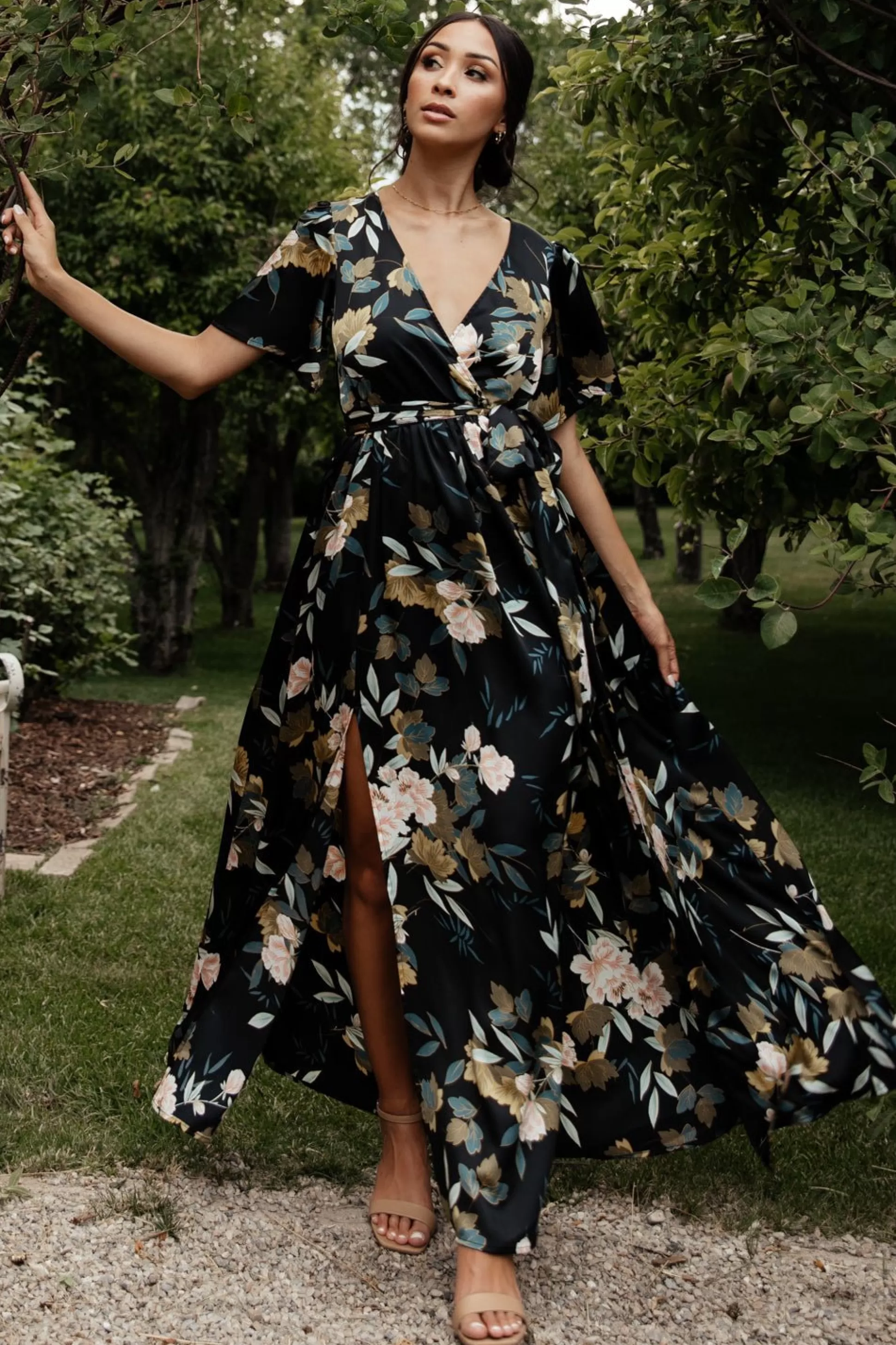 maxi dresses | WEDDING SUITE | Baltic Born Sicily Satin Maxi Dress | Black Floral