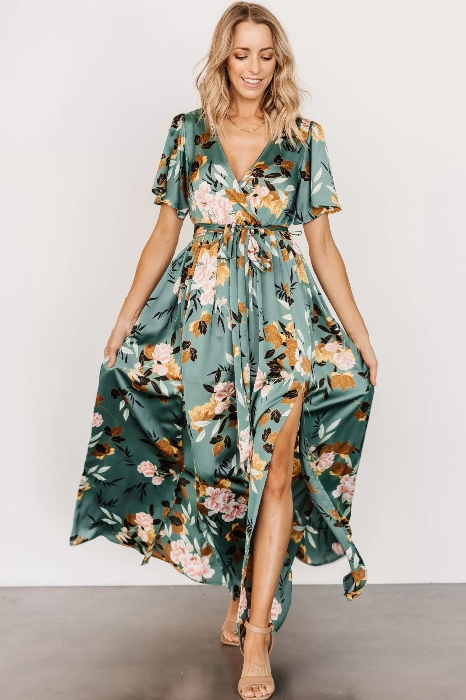 maxi dresses | WEDDING SUITE | Baltic Born Sicily Satin Maxi Dress | Eucalyptus Floral