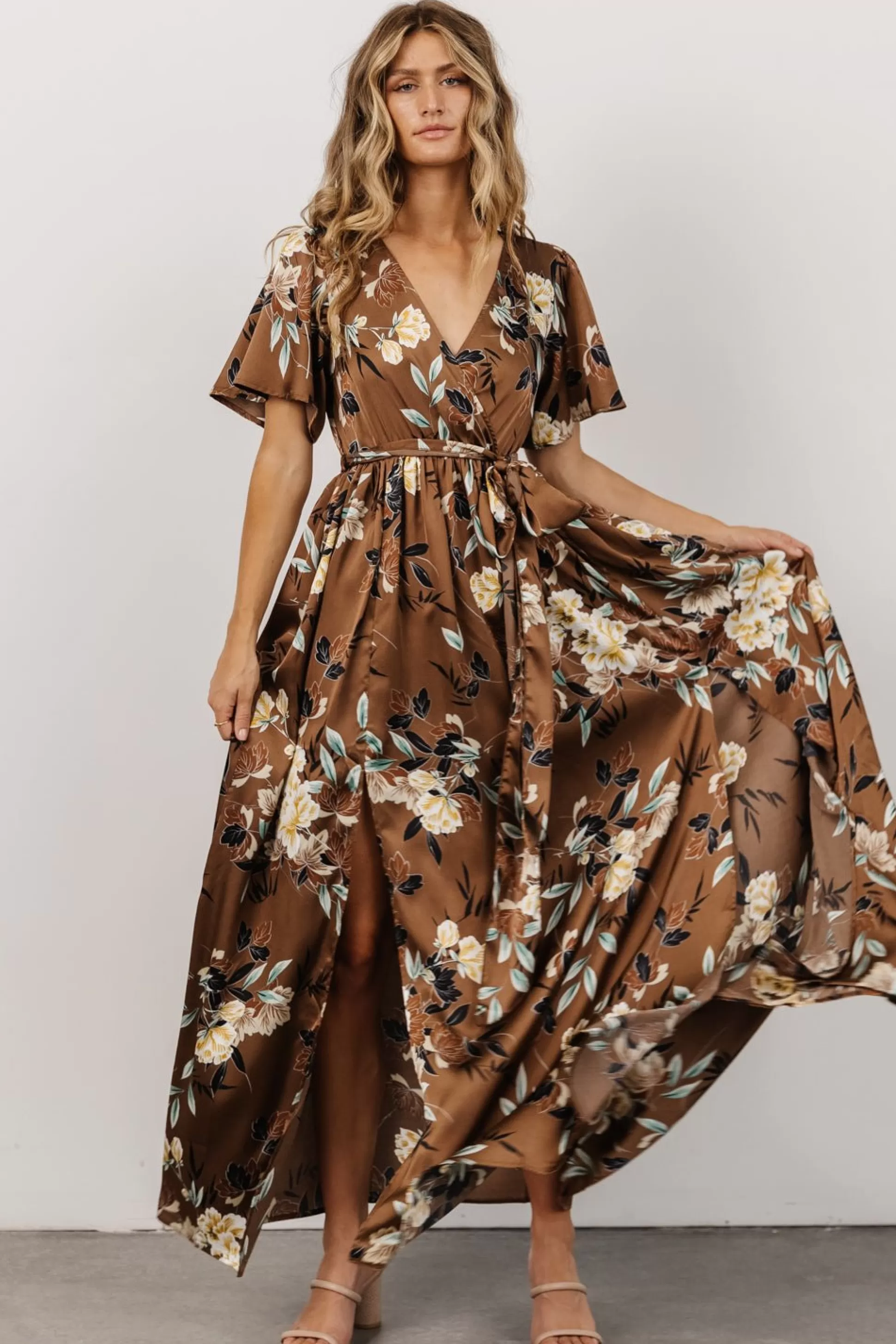 maxi dresses | WEDDING SUITE | Baltic Born Sicily Satin Maxi Dress | Mocha Floral