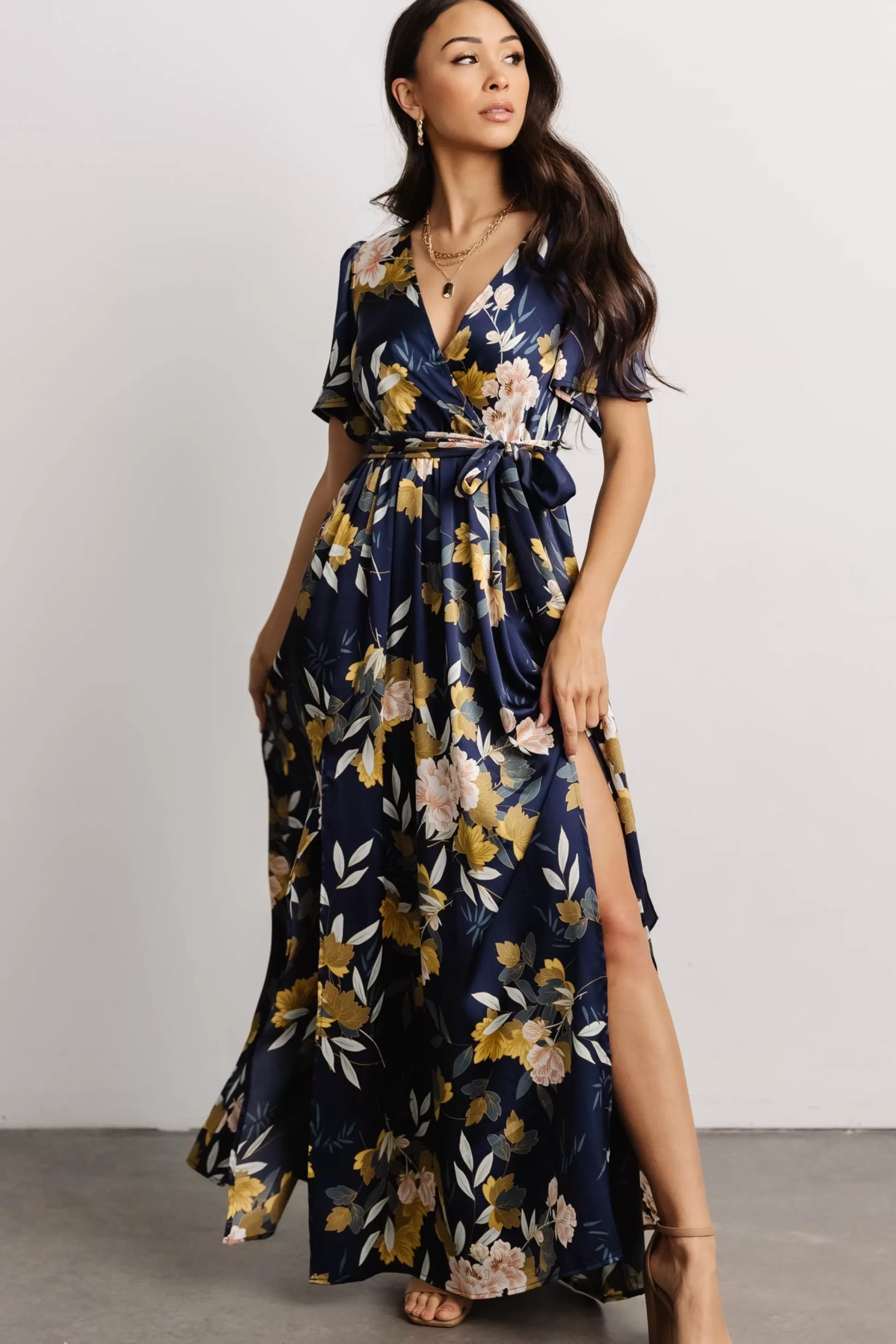 maxi dresses | WEDDING SUITE | Baltic Born Sicily Satin Maxi Dress | Navy Floral