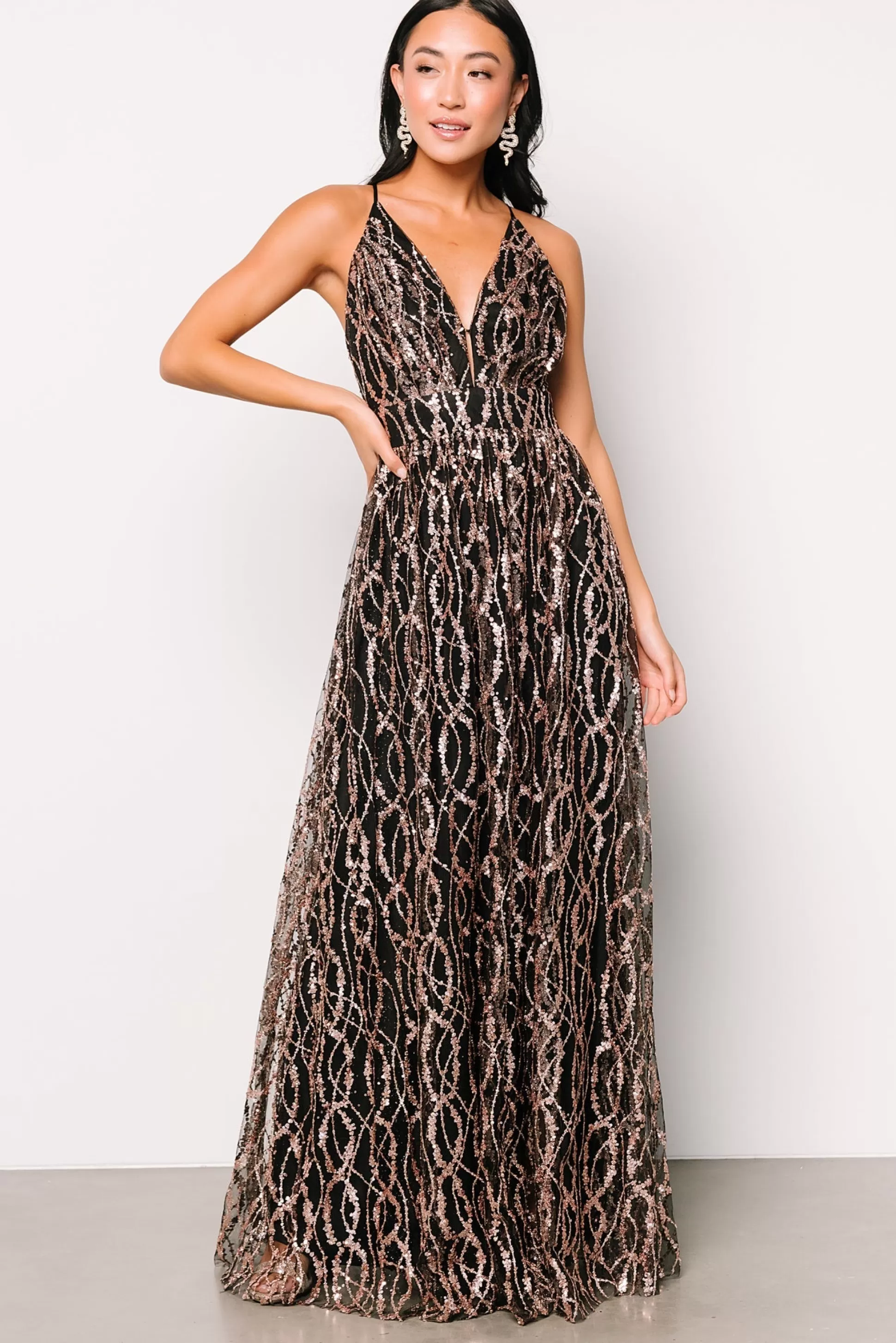 embellished + sequined | Baltic Born Silva Shimmer Gown | Black + Rose Gold