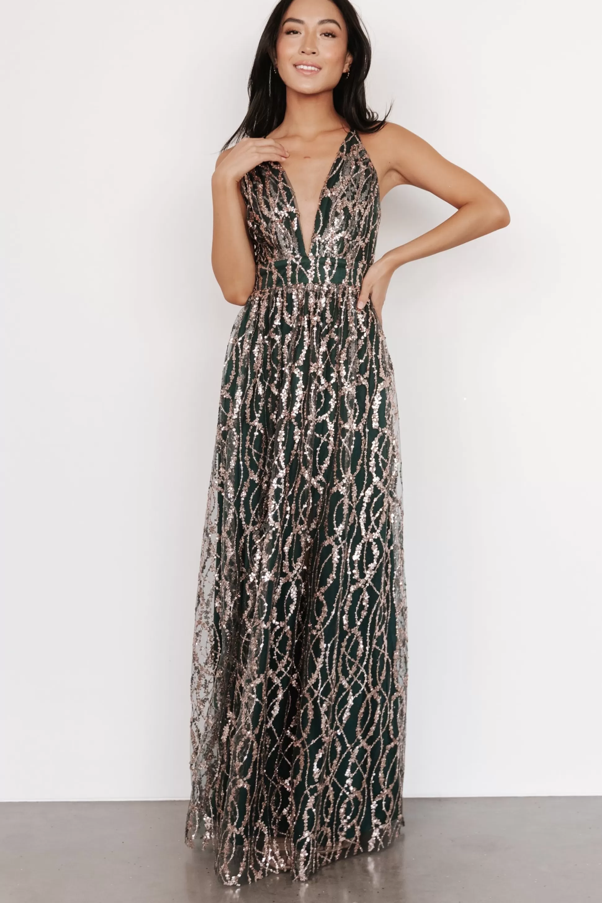 embellished + sequined | Baltic Born Silva Shimmer Gown | Dark Green + Rose Gold