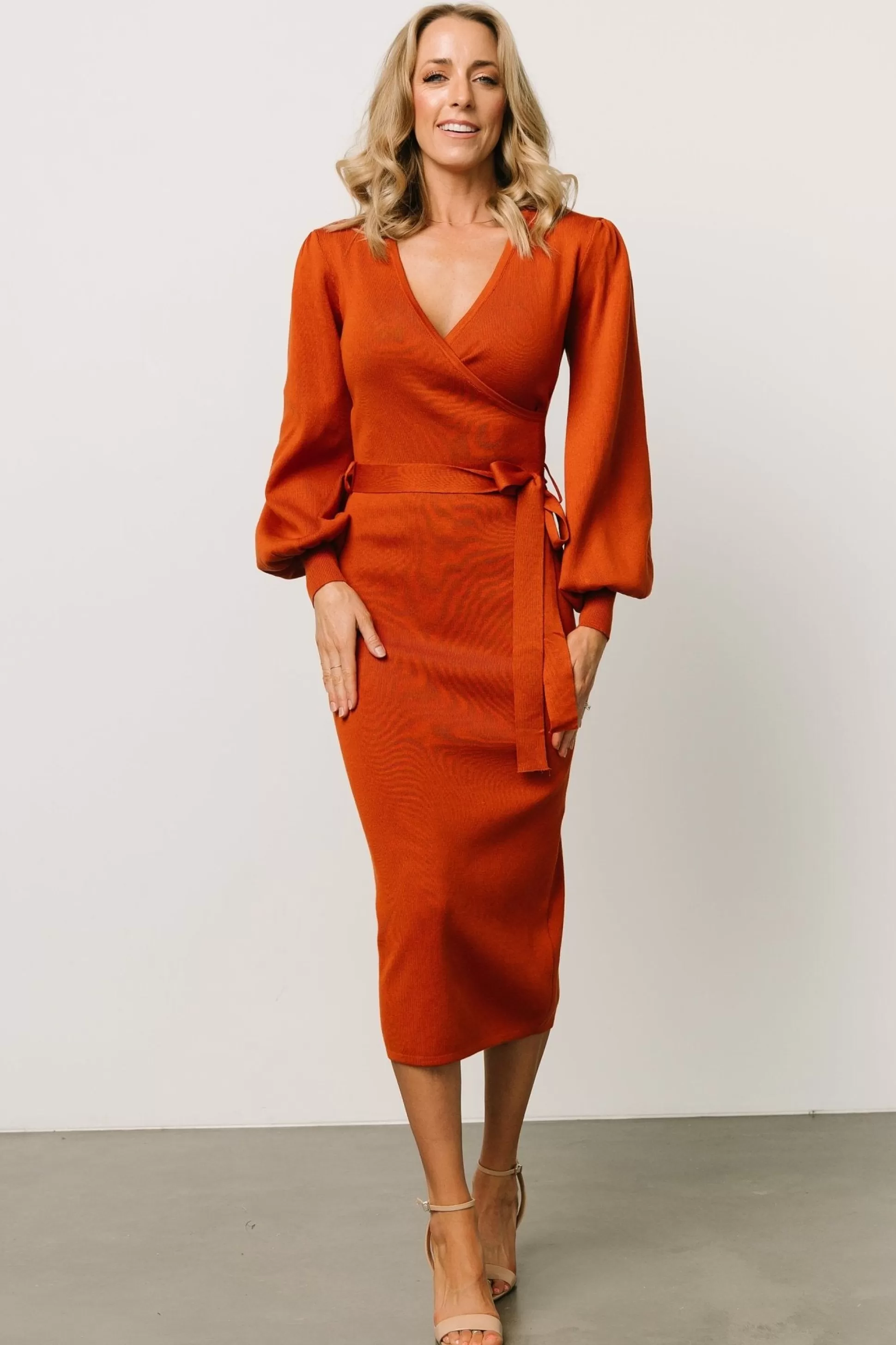 midi dresses | TOPS | Baltic Born Soho Bubble Sleeve Sweater Dress | Rust