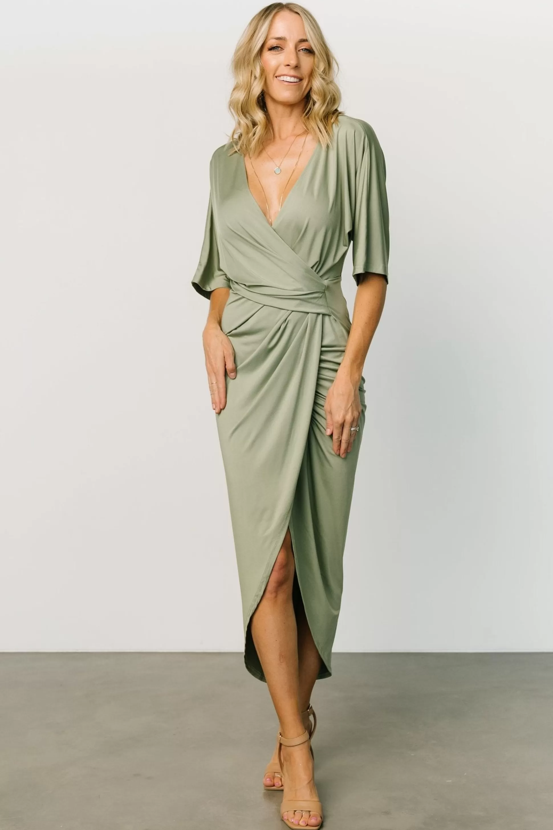 midi dresses | WEDDING SUITE | Baltic Born Solana Ruched Dress | Dusty Sage