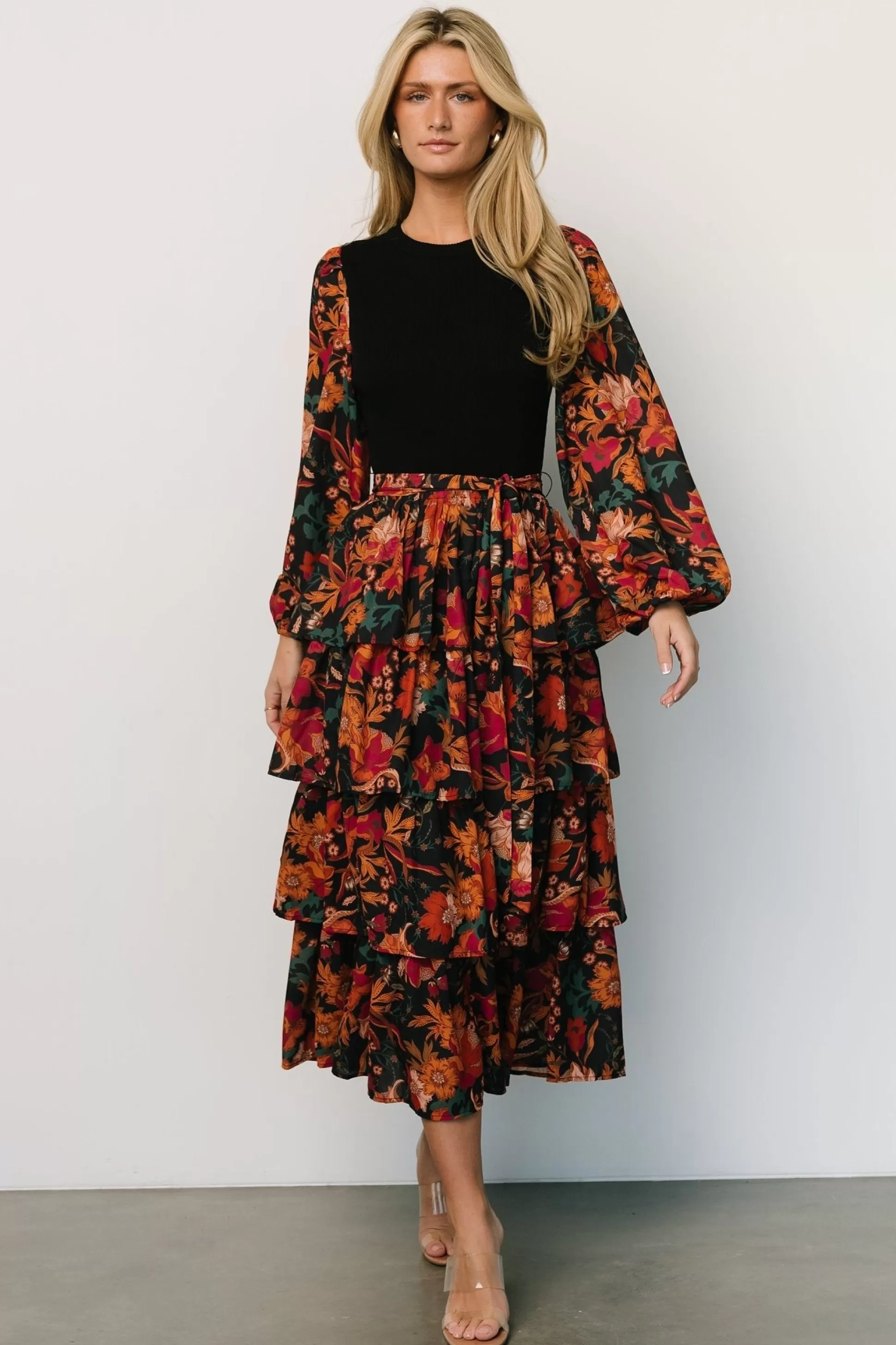 midi dresses | Baltic Born Sylvie Tiered Midi Dress | Black Multi