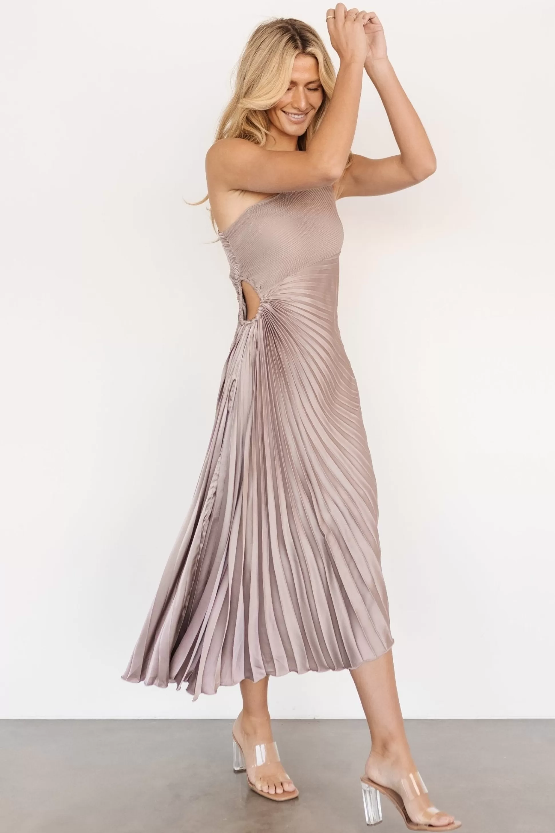 midi dresses | Baltic Born Tasia One Shoulder Pleated Dress | Autumn Orchid