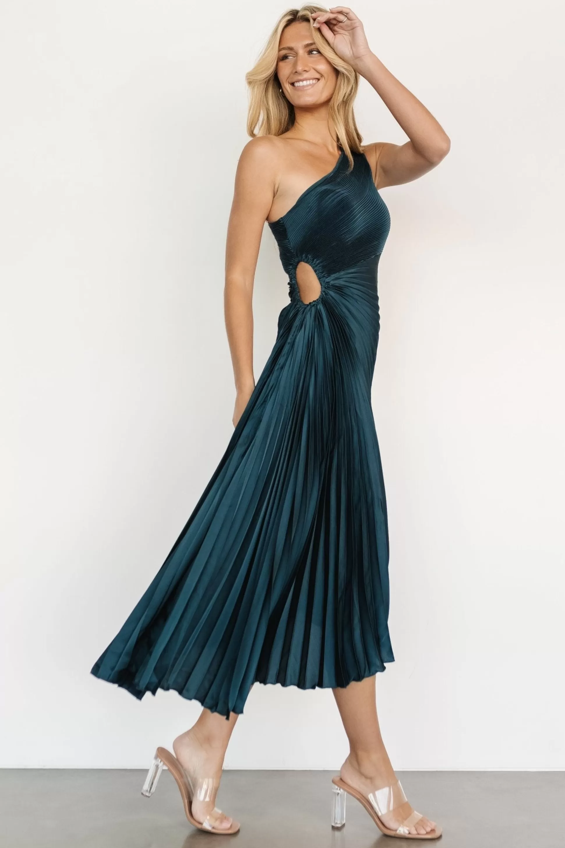 midi dresses | Baltic Born Tasia One Shoulder Pleated Dress | Deep Jade