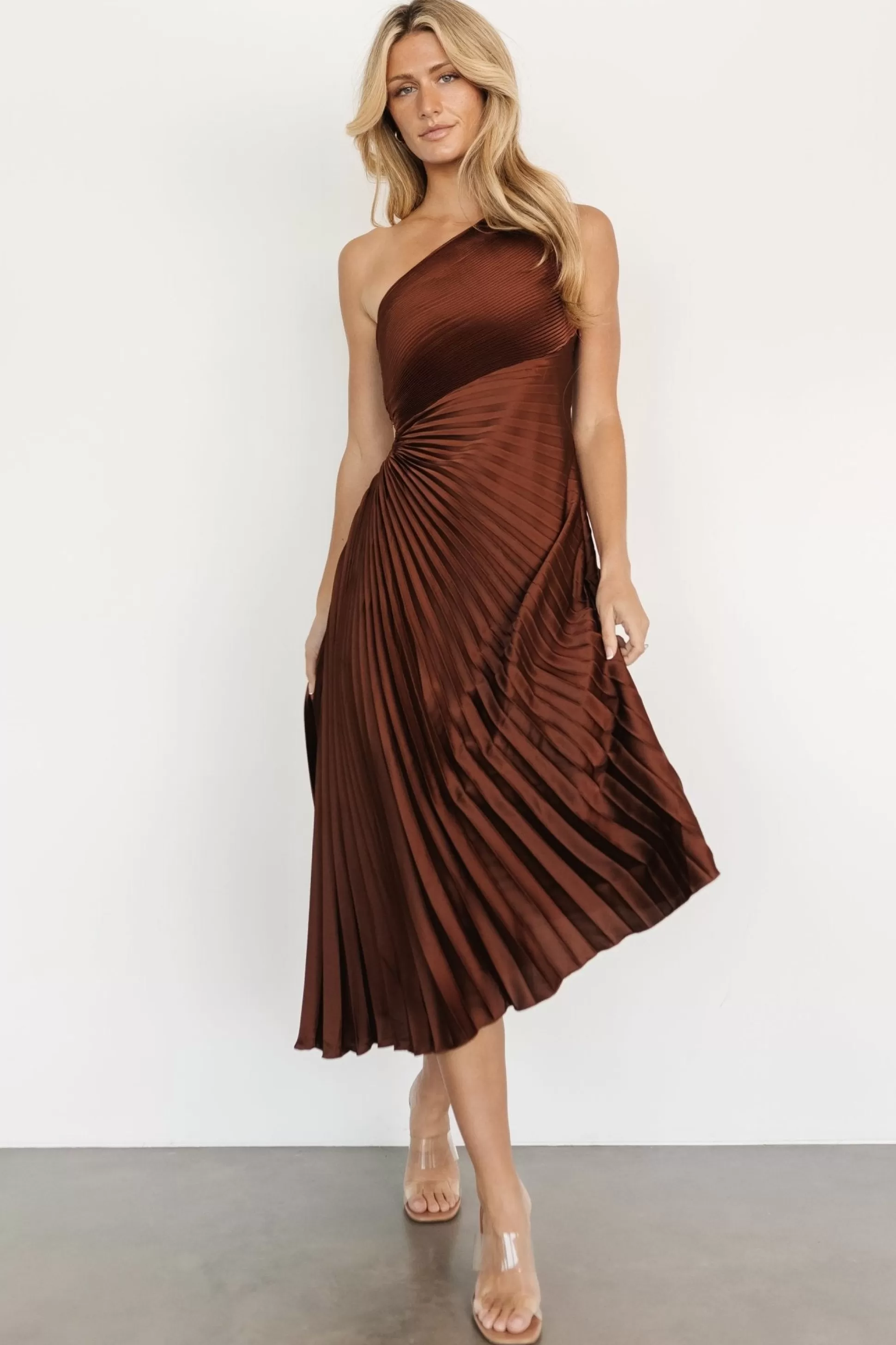 midi dresses | Baltic Born Tasia One Shoulder Pleated Dress | Mahogany