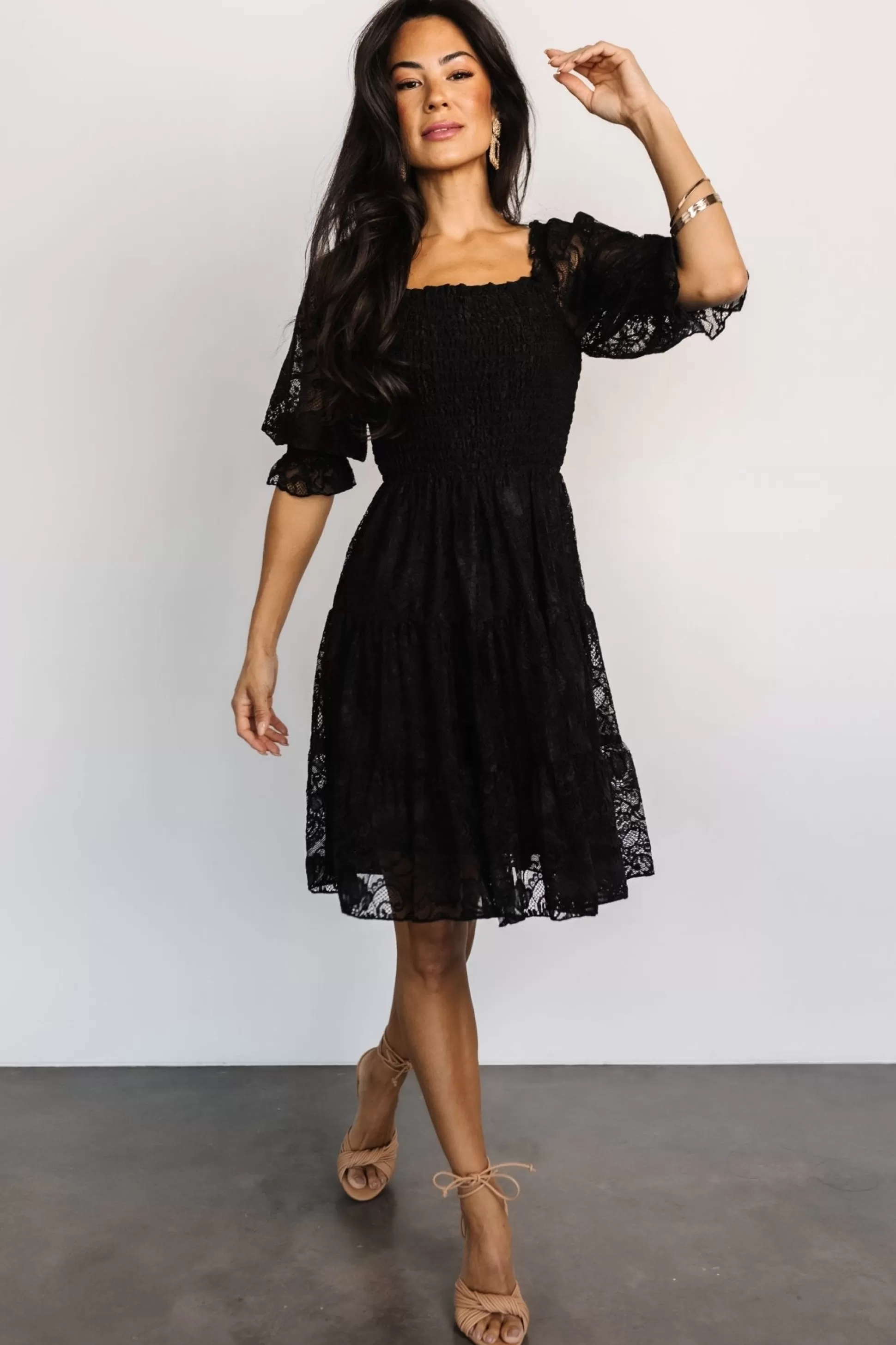 midi dresses | short dresses | Baltic Born Tate Smocked Lace Short Dress | Black