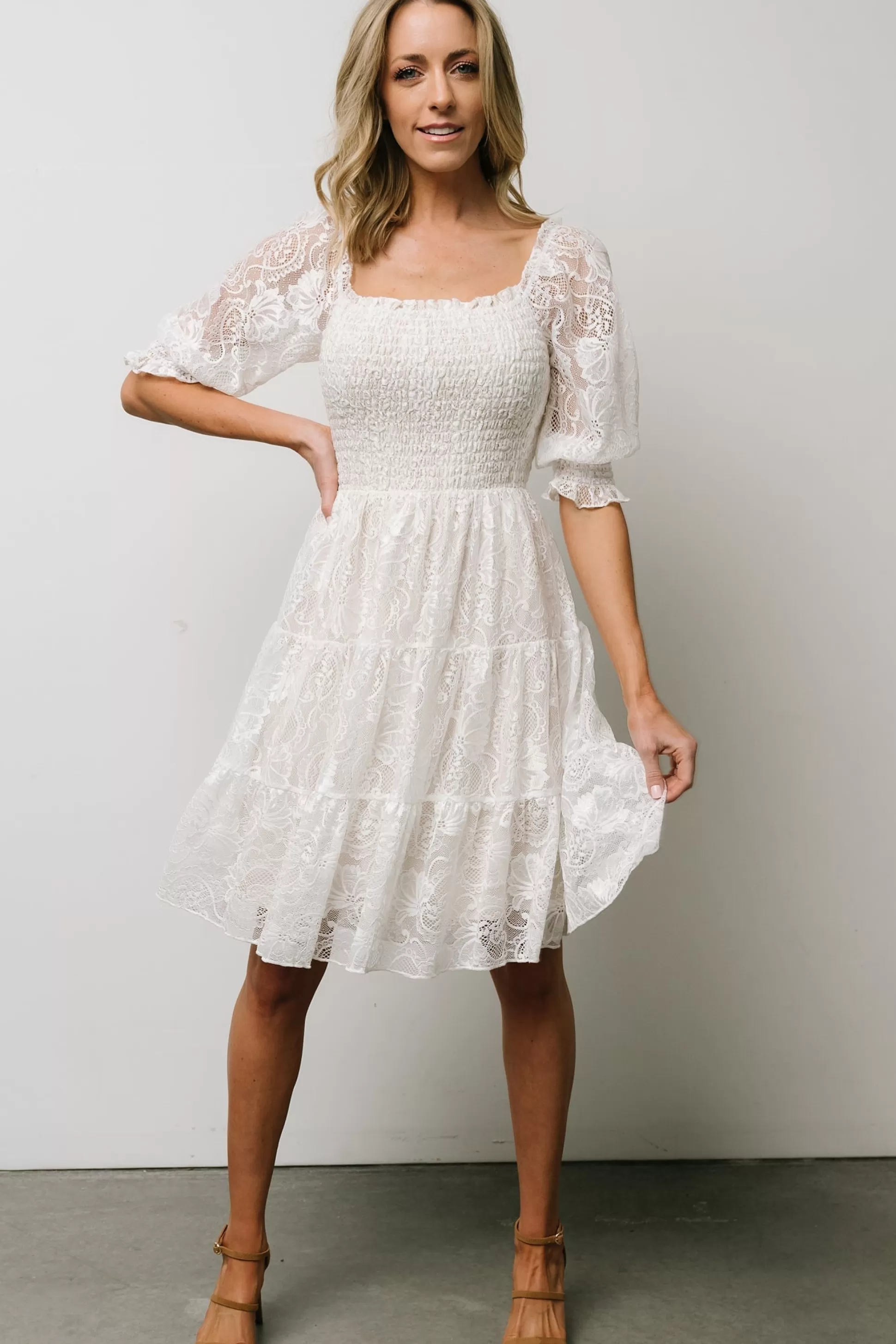 midi dresses | short dresses | Baltic Born Tate Smocked Lace Short Dress | Off White