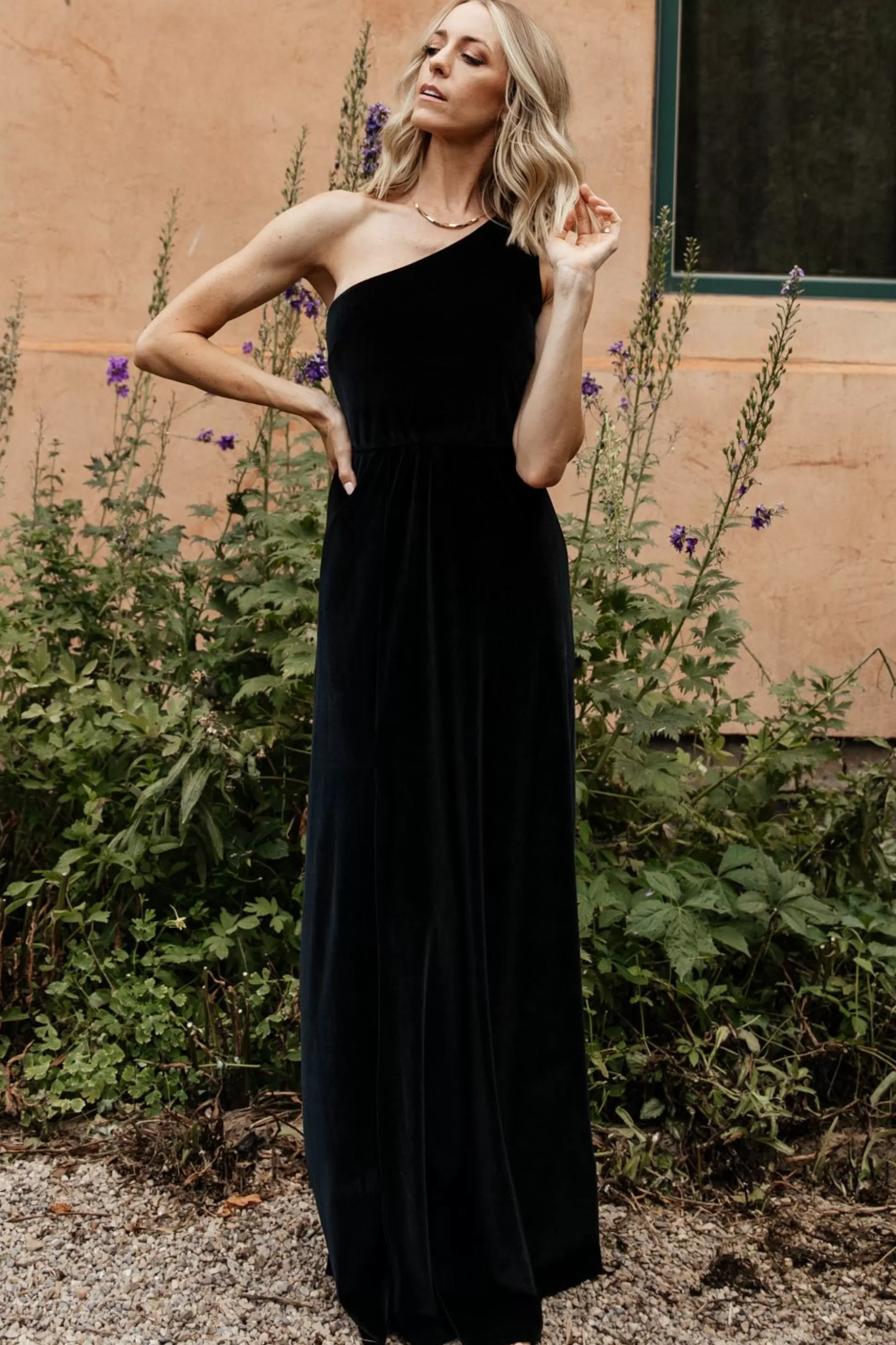 WEDDING SUITE | wedding guest | Baltic Born Tatiana Velvet One Shoulder Maxi Dress | Black