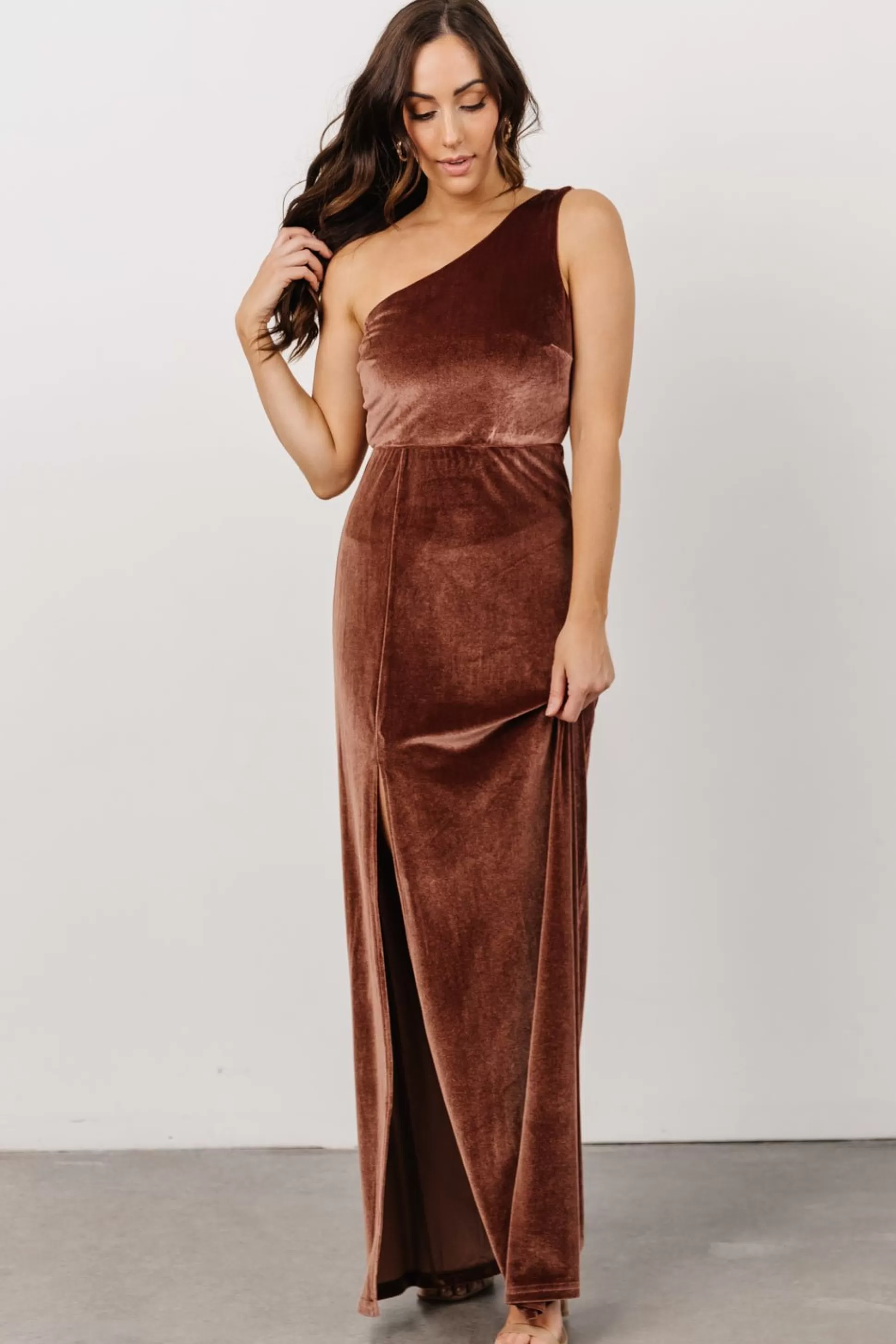 WEDDING SUITE | wedding guest | Baltic Born Tatiana Velvet One Shoulder Maxi Dress | Desert Rose