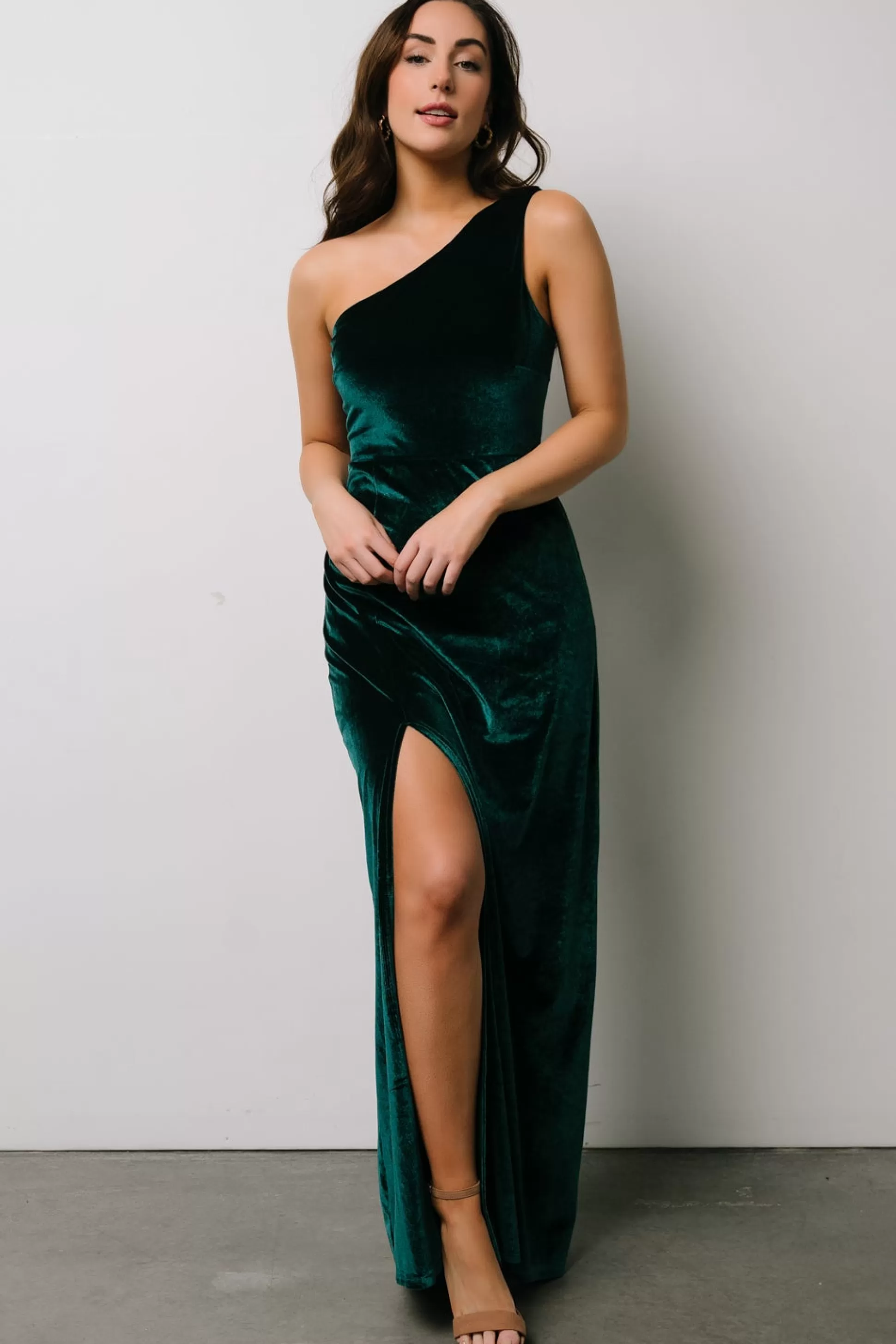 WEDDING SUITE | wedding guest | Baltic Born Tatiana Velvet One Shoulder Maxi Dress | Emerald