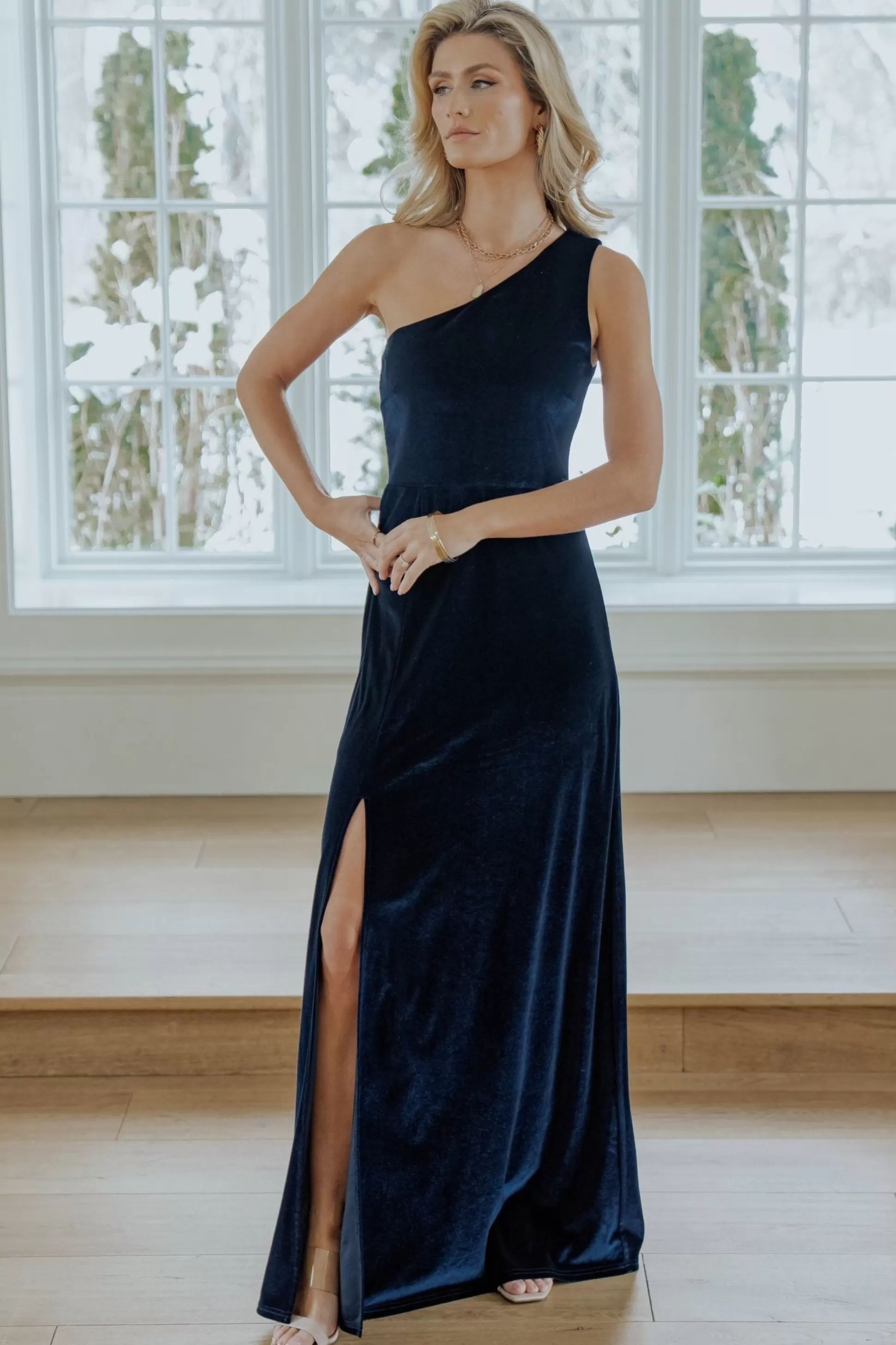 WEDDING SUITE | wedding guest | Baltic Born Tatiana Velvet One Shoulder Maxi Dress | Navy