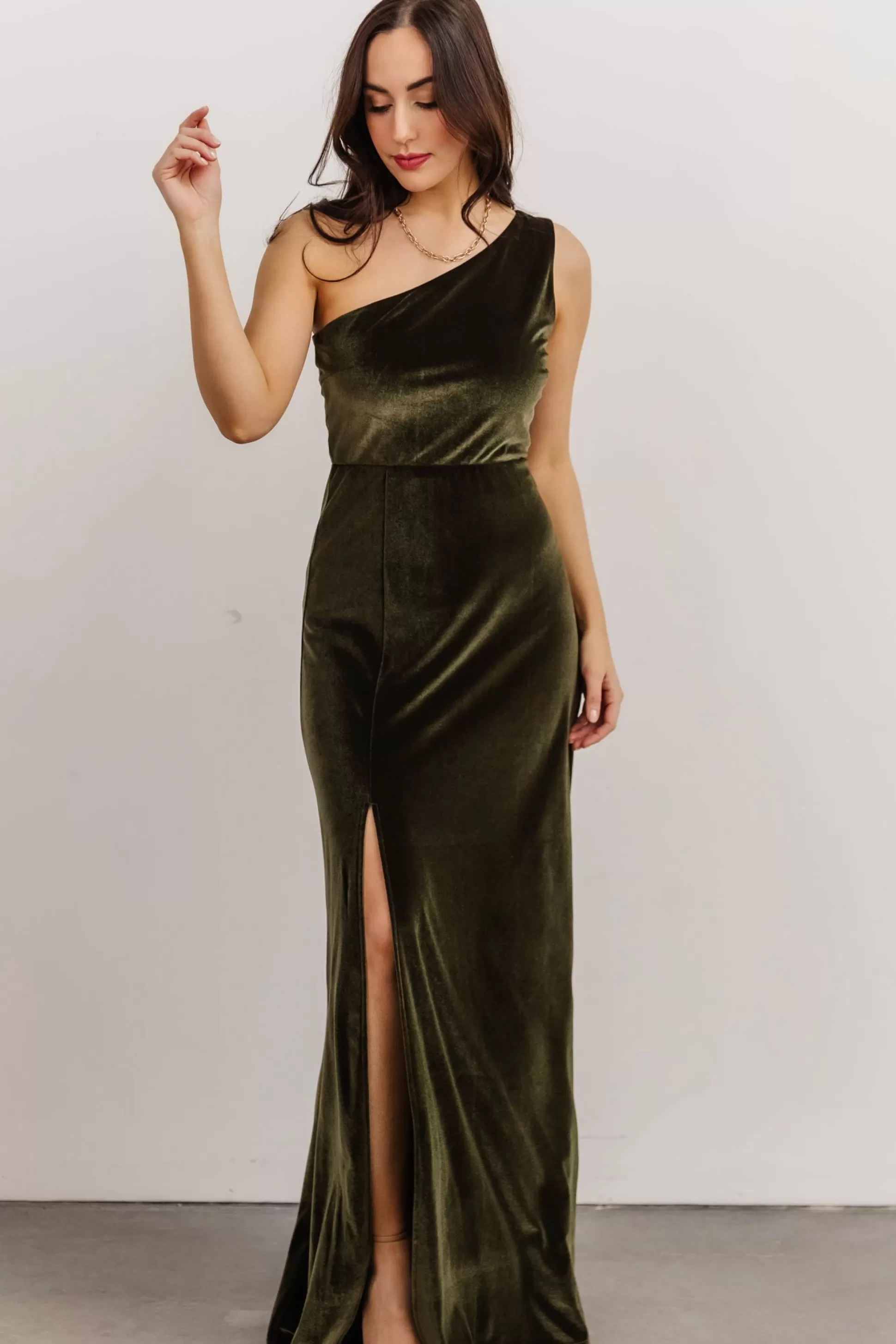 WEDDING SUITE | wedding guest | Baltic Born Tatiana Velvet One Shoulder Maxi Dress | Olive